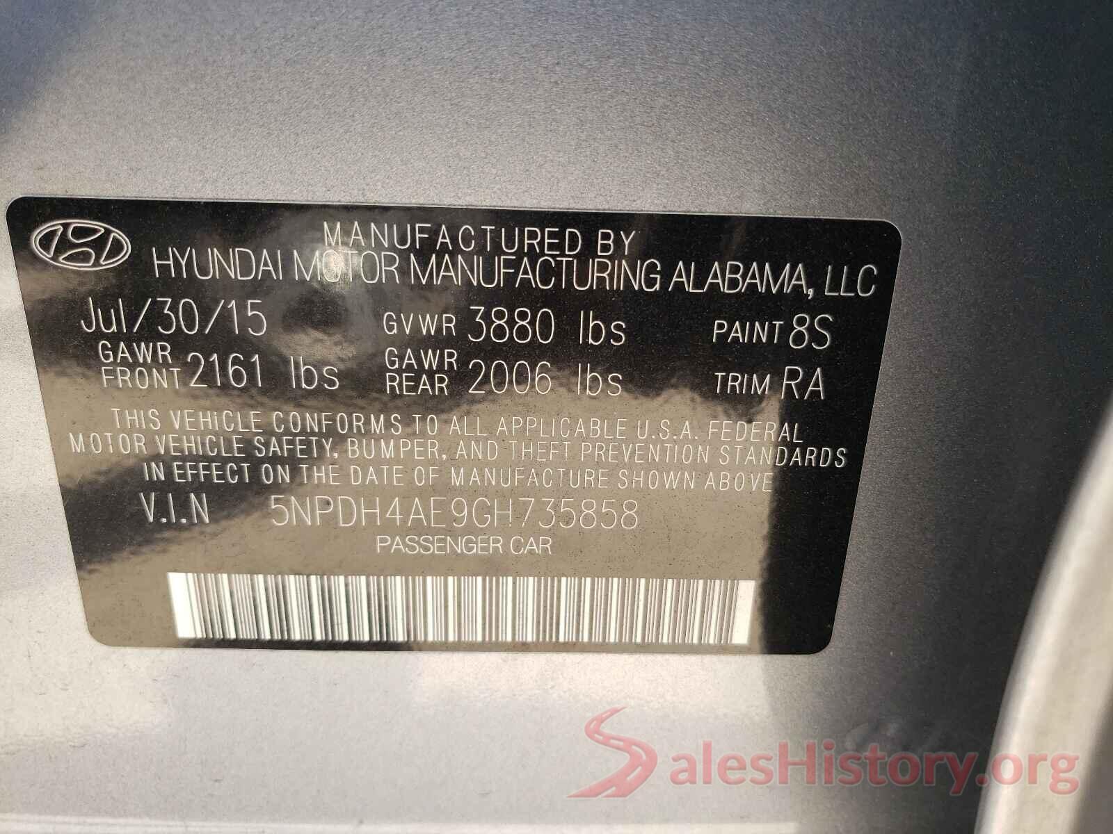 5NPDH4AE9GH735858 2016 HYUNDAI ELANTRA