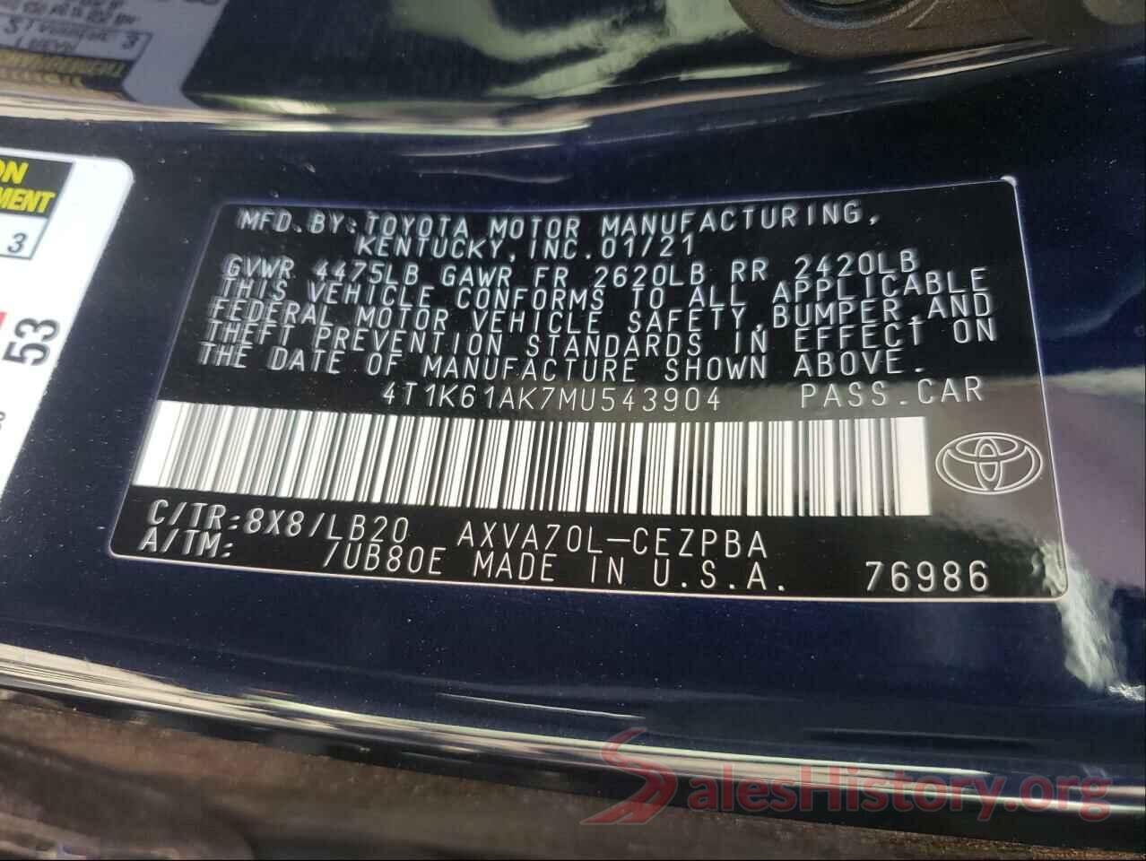 4T1K61AK7MU543904 2021 TOYOTA CAMRY