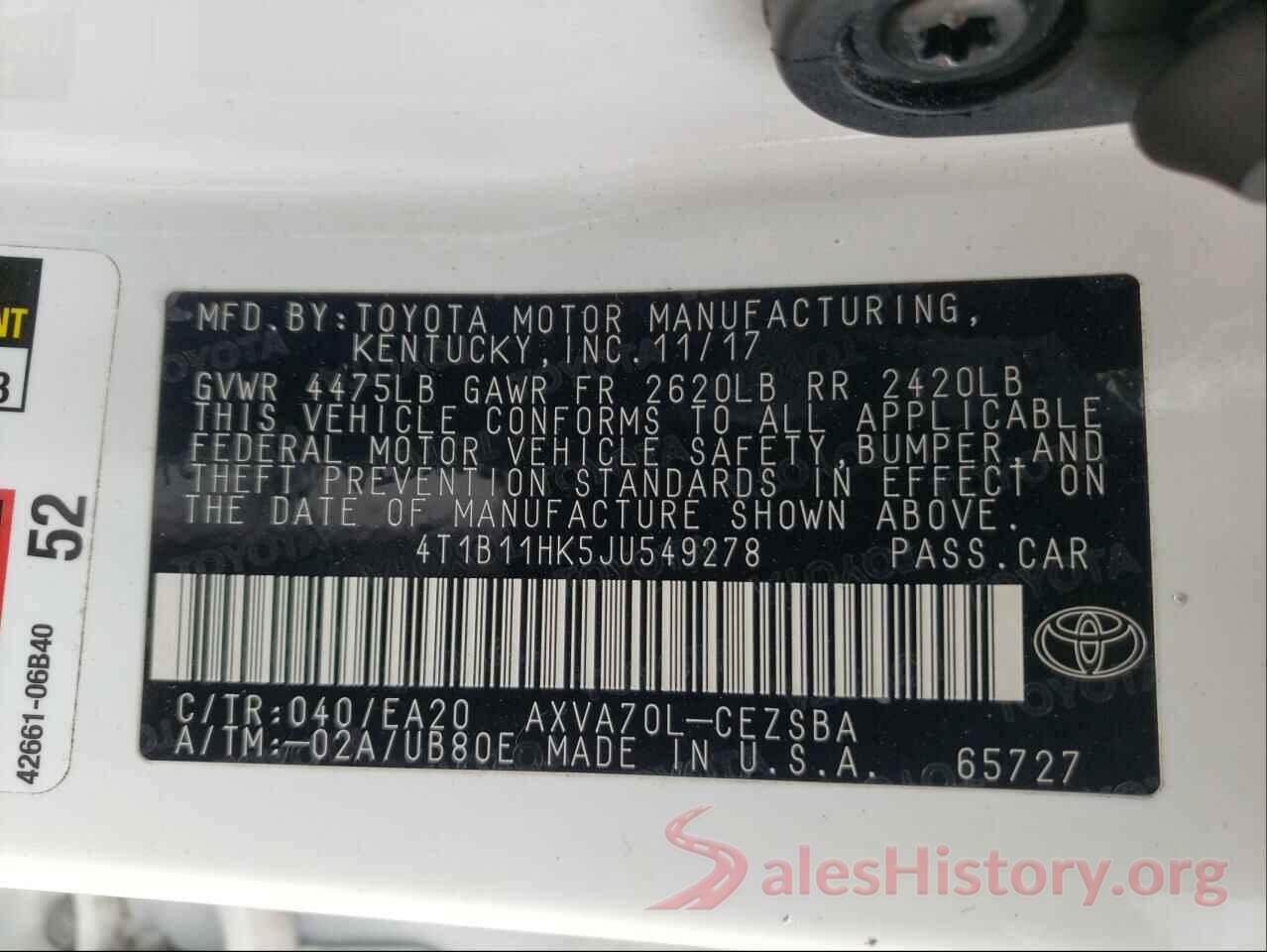 4T1B11HK5JU549278 2018 TOYOTA CAMRY