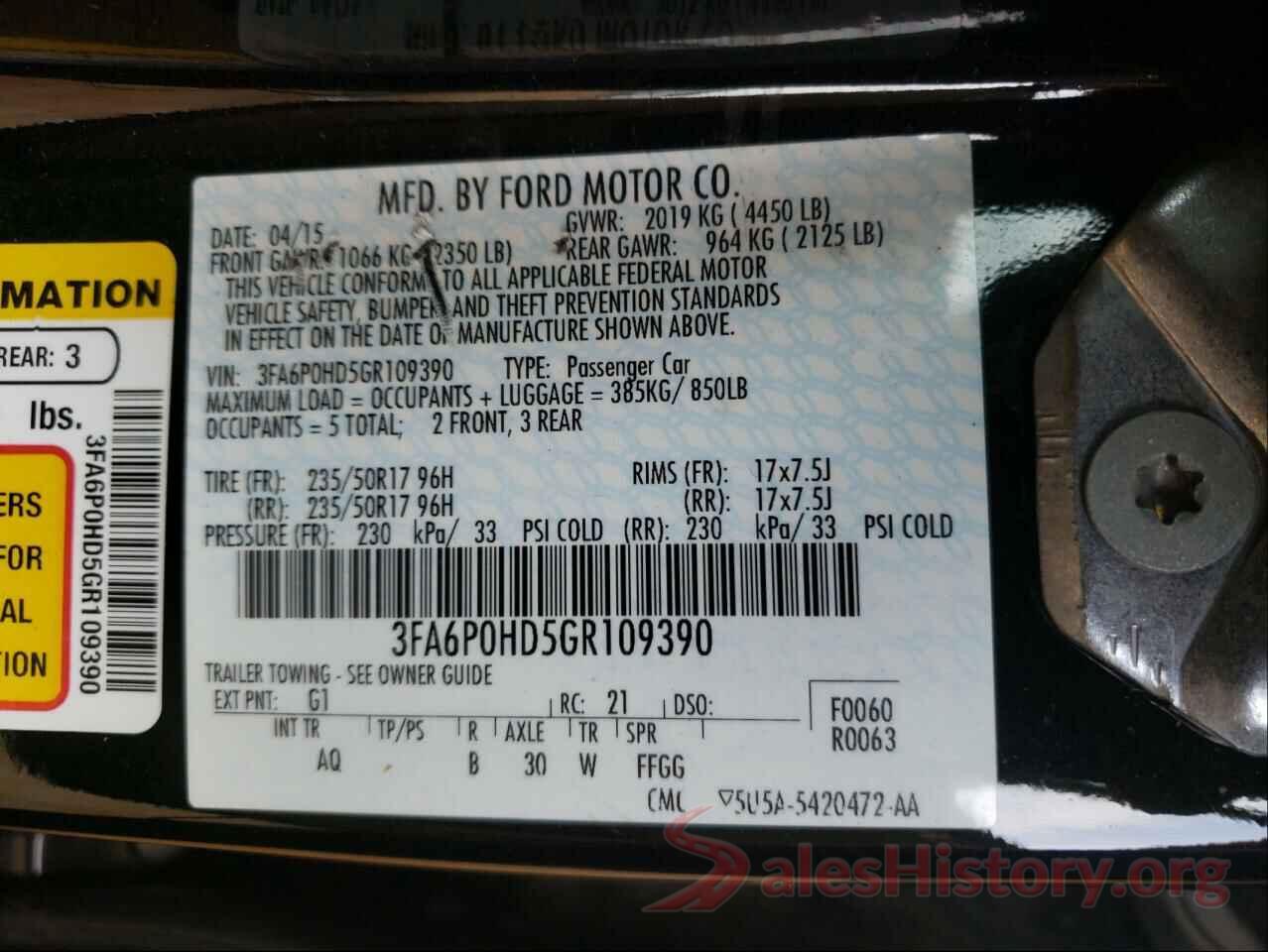 3FA6P0HD5GR109390 2016 FORD FUSION