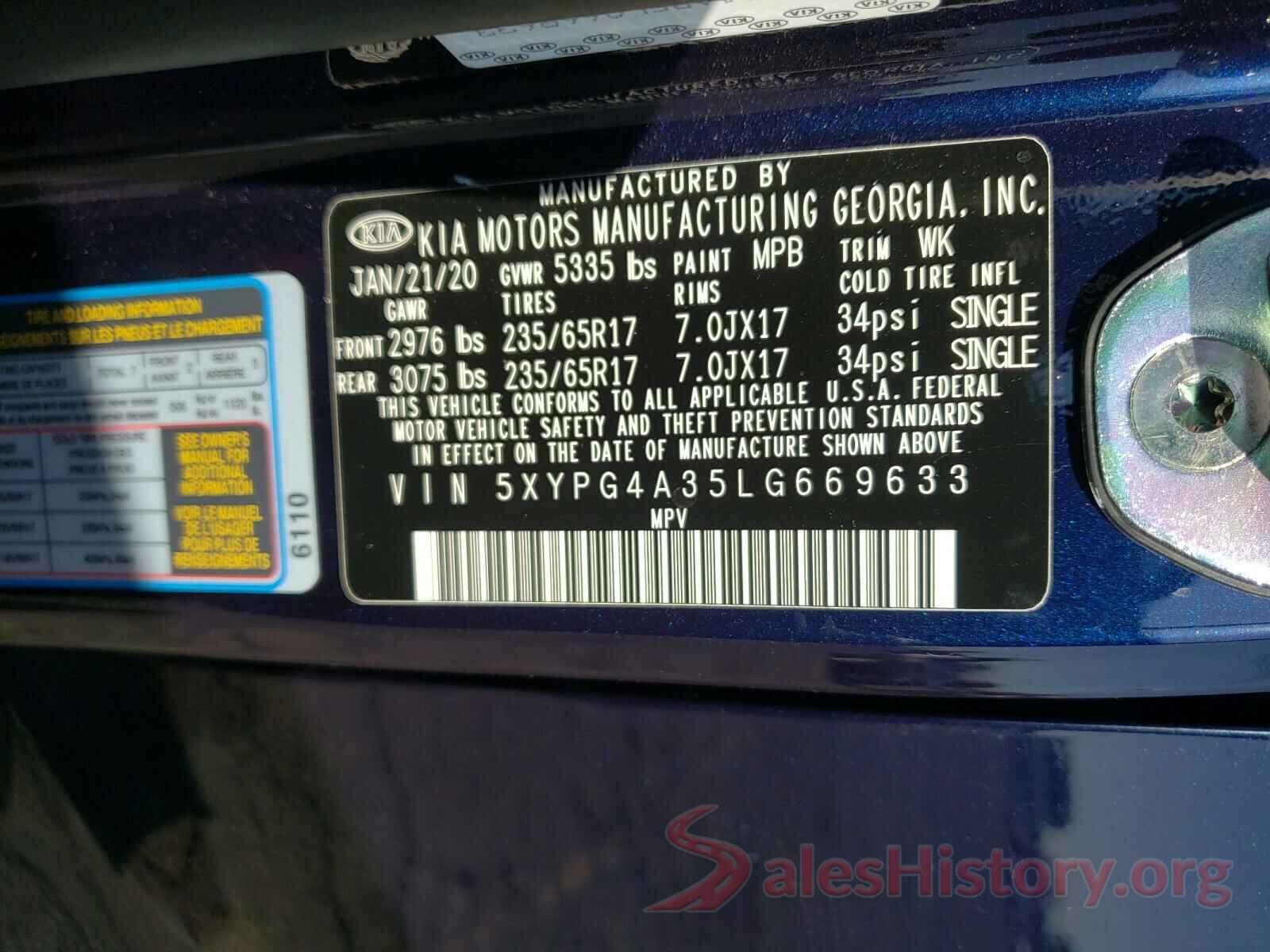 5XYPG4A35LG669633 2020 KIA SORENTO