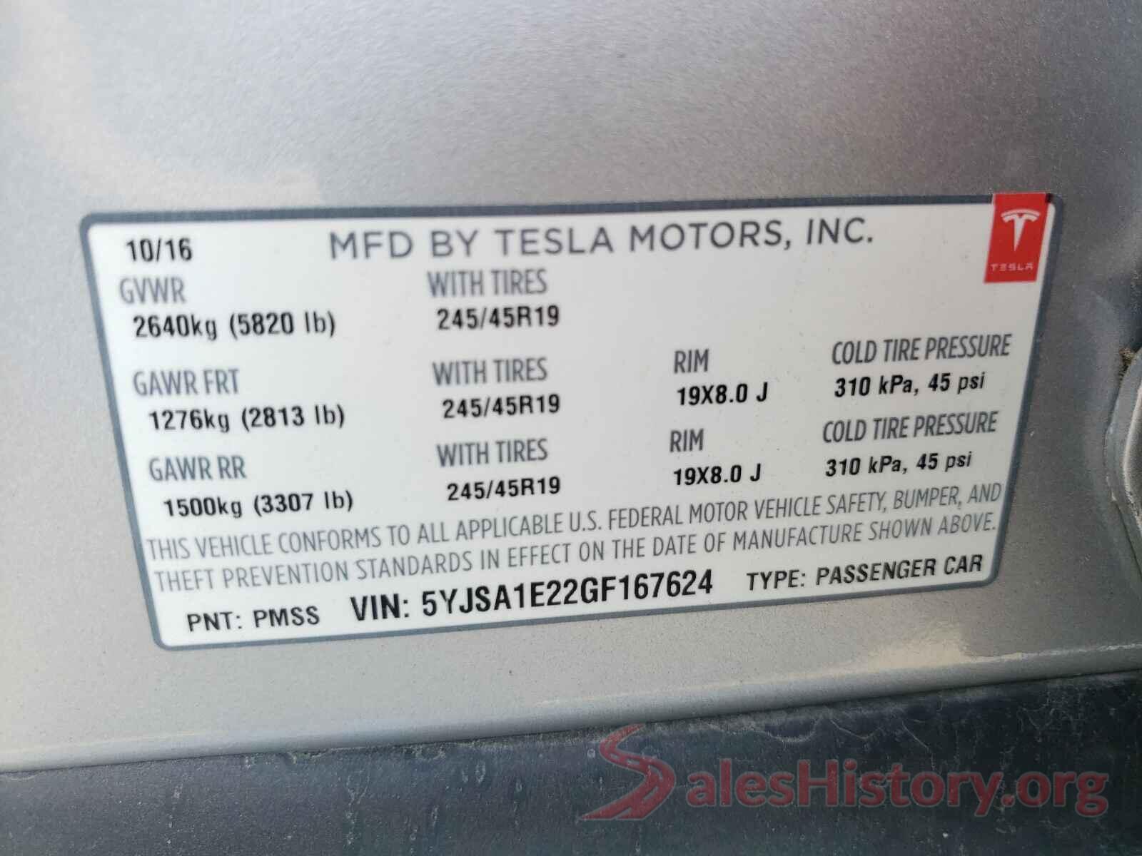 5YJSA1E22GF167624 2016 TESLA MODEL S