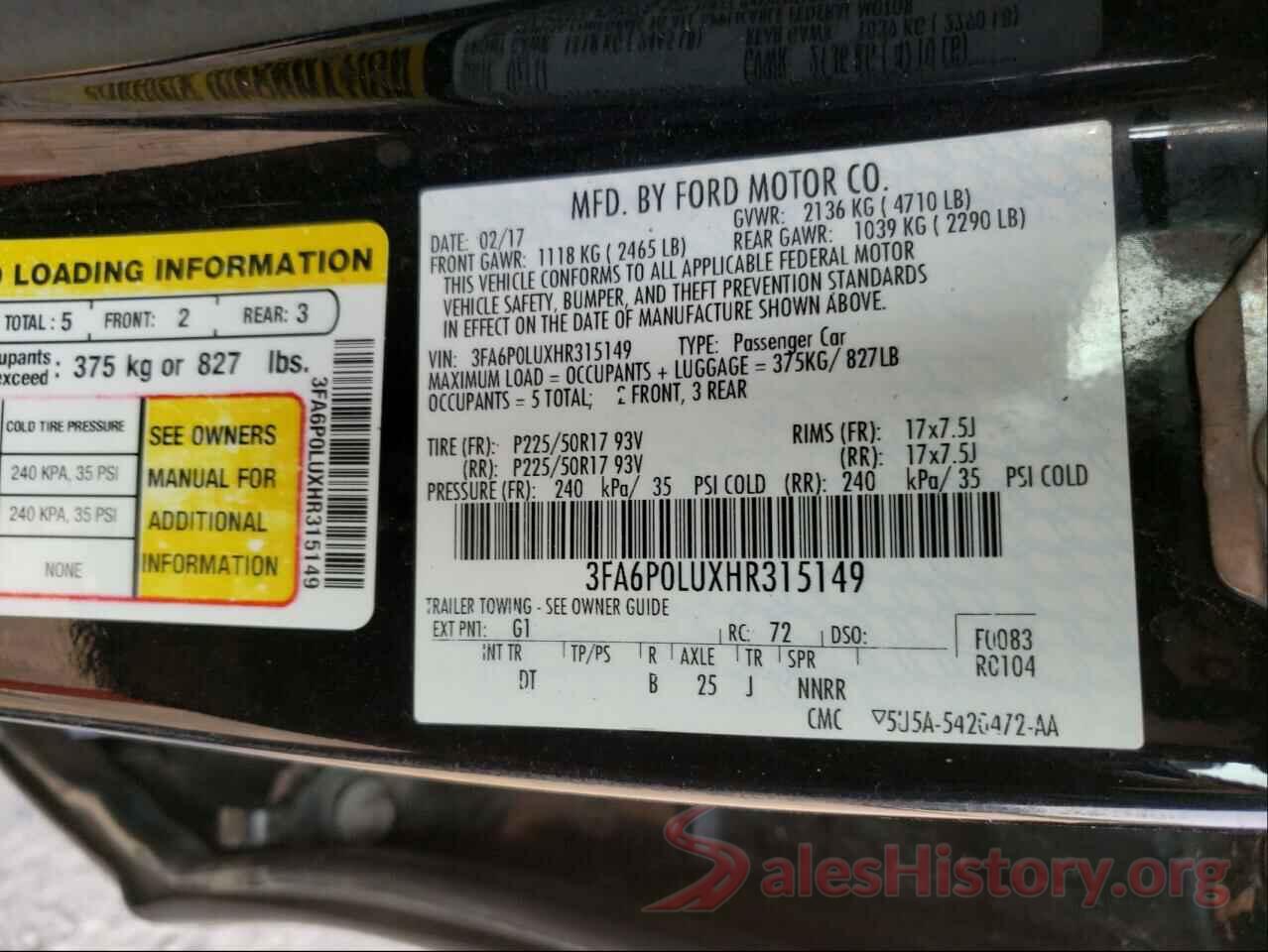 3FA6P0LUXHR315149 2017 FORD FUSION