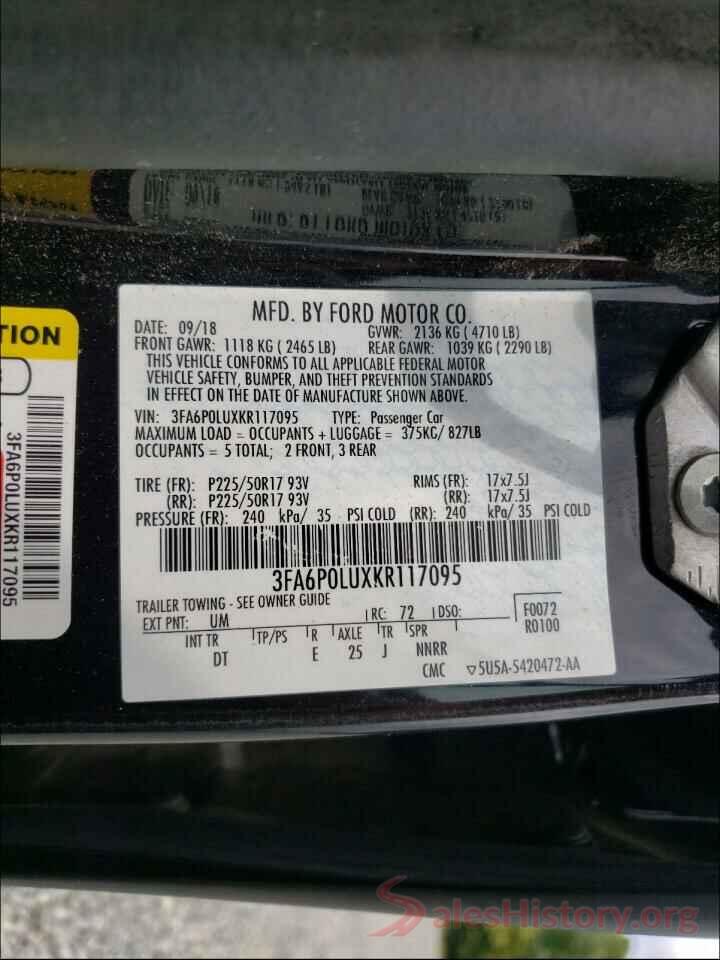 3FA6P0LUXKR117095 2019 FORD FUSION