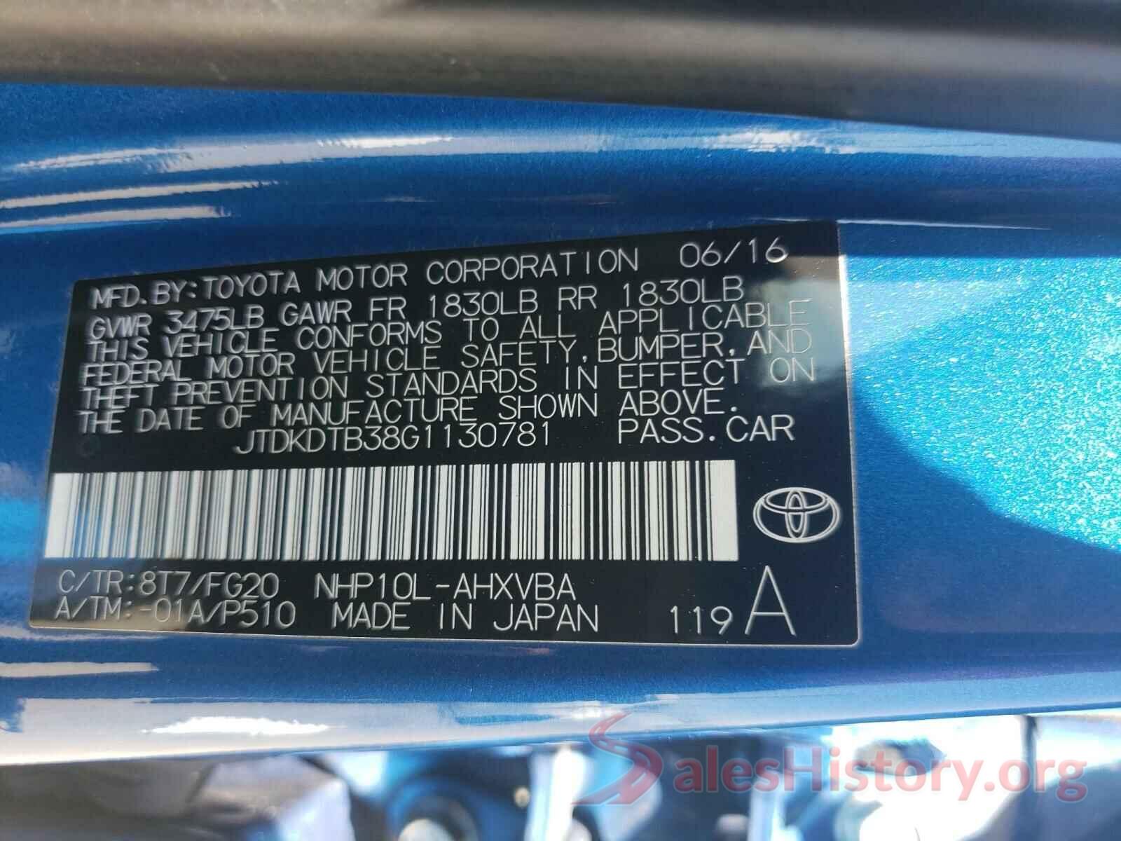 JTDKDTB38G1130781 2016 TOYOTA PRIUS