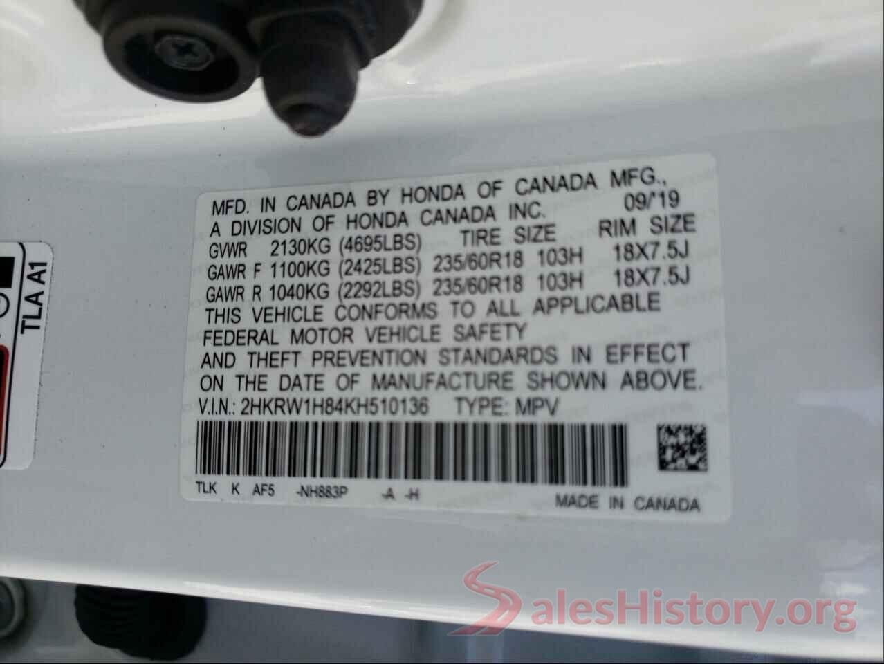 2HKRW1H84KH510136 2019 HONDA CRV