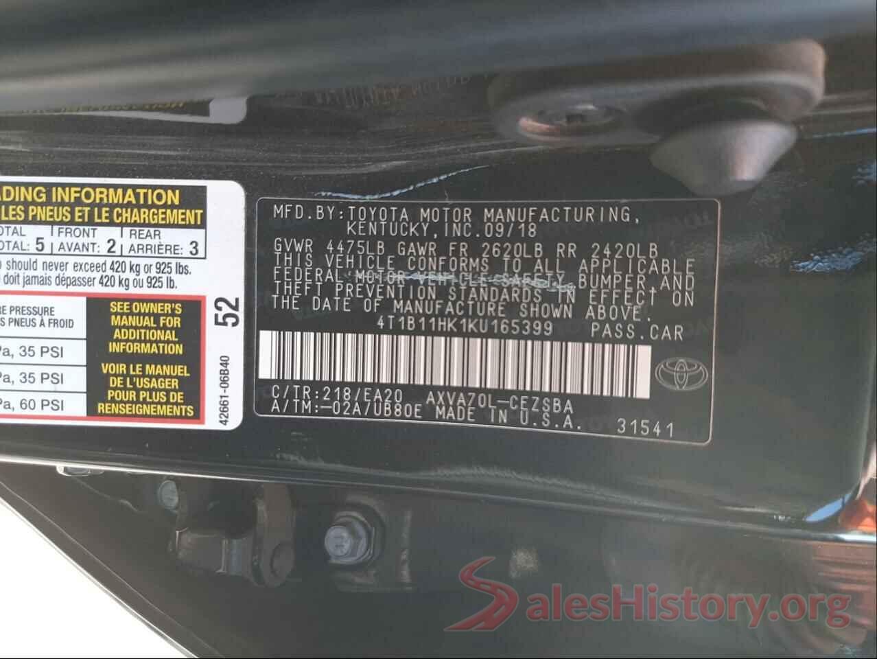 4T1B11HK1KU165399 2019 TOYOTA CAMRY