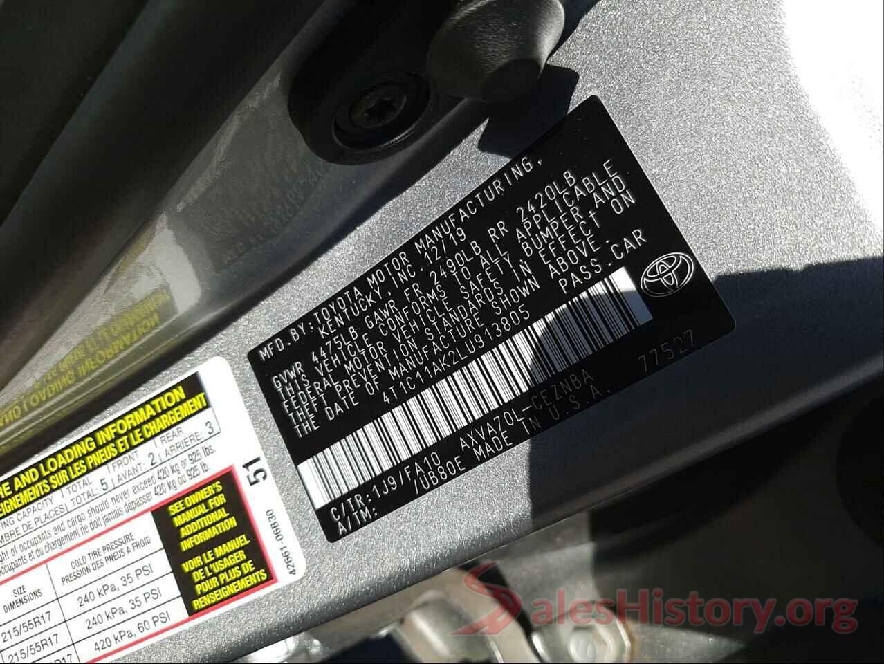 4T1C11AK2LU913805 2020 TOYOTA CAMRY