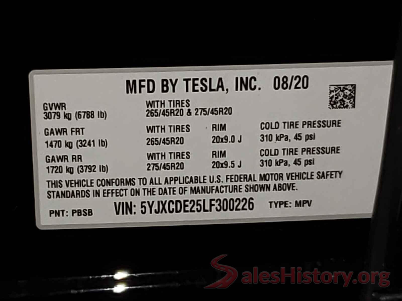 5YJXCDE25LF300226 2020 TESLA MODEL X