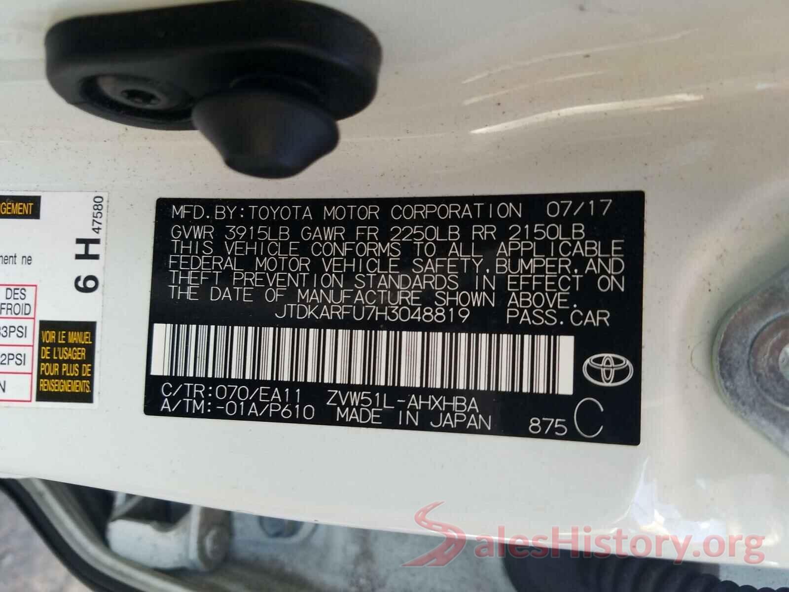 JTDKARFU7H3048819 2017 TOYOTA PRIUS