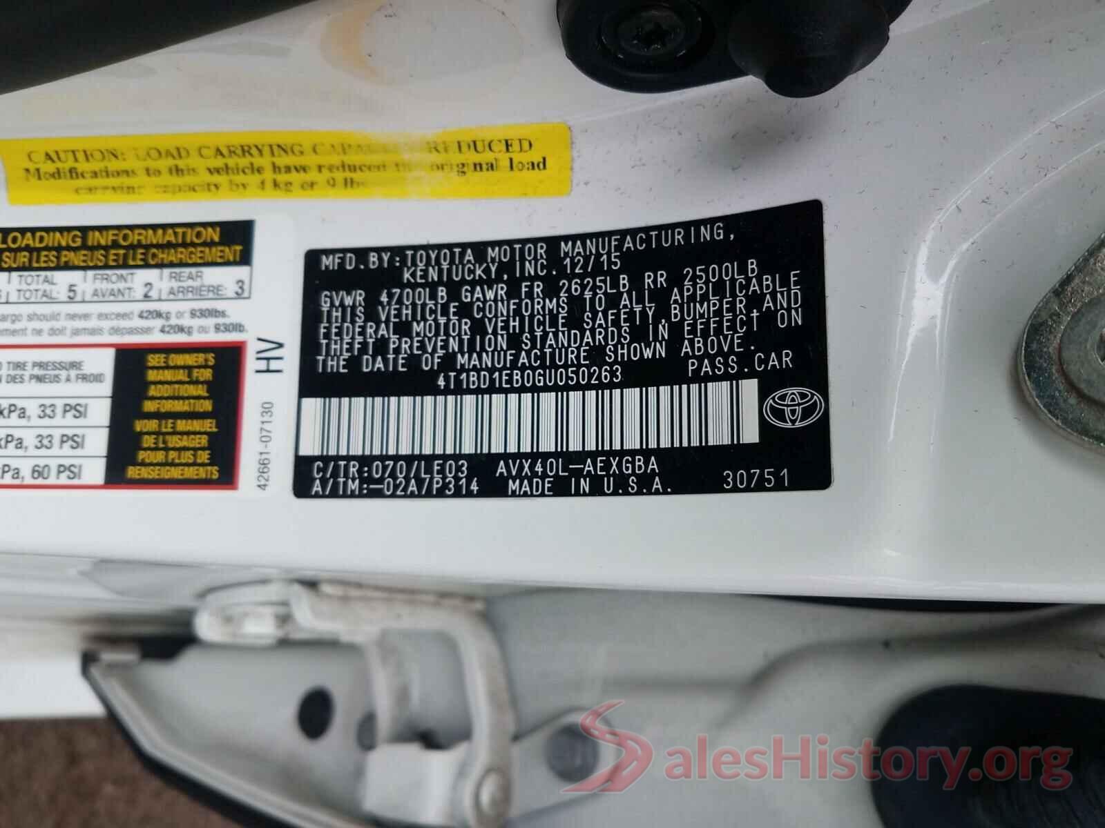 4T1BD1EB0GU050263 2016 TOYOTA AVALON