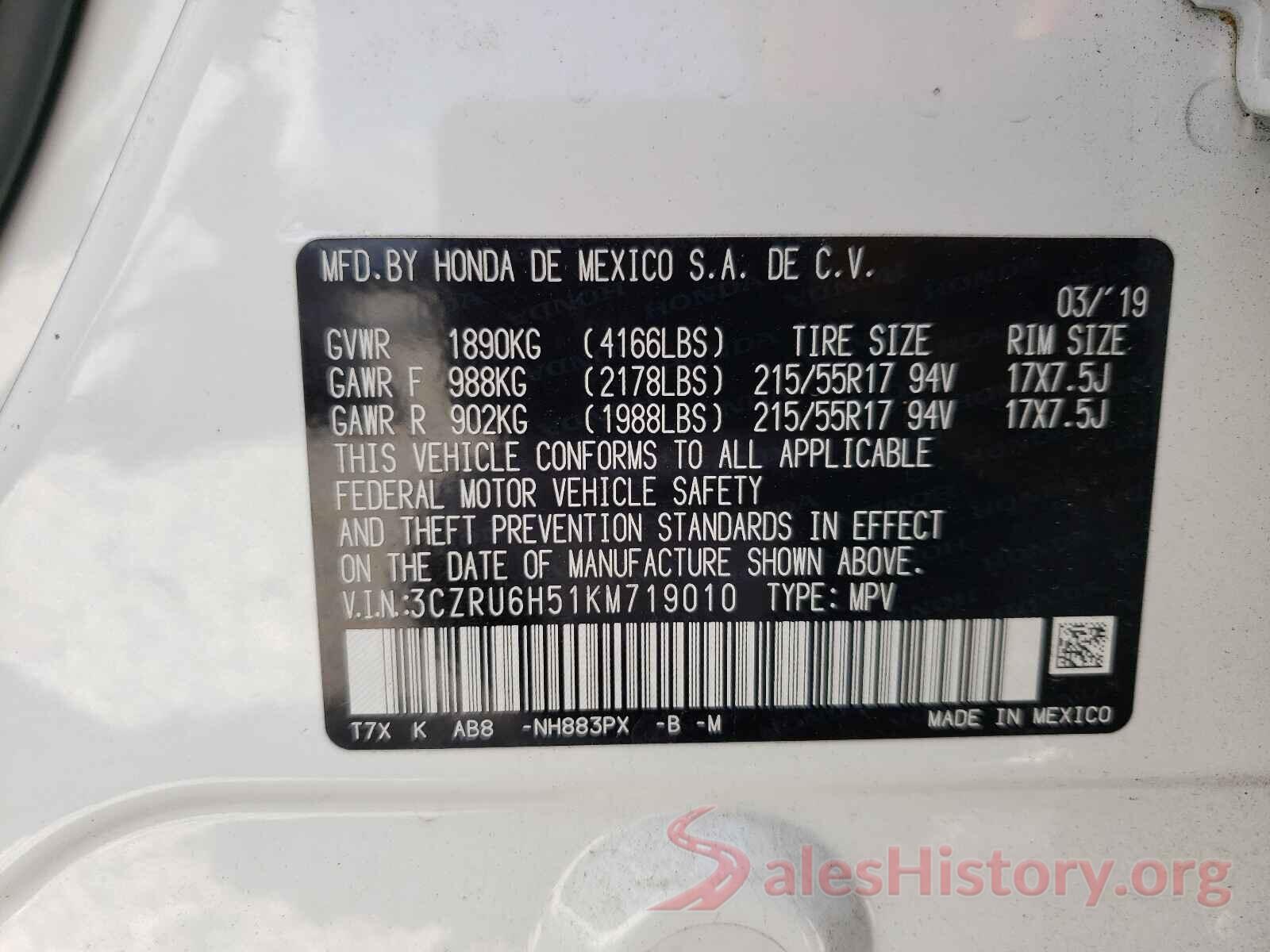 3CZRU6H51KM719010 2019 HONDA HR-V