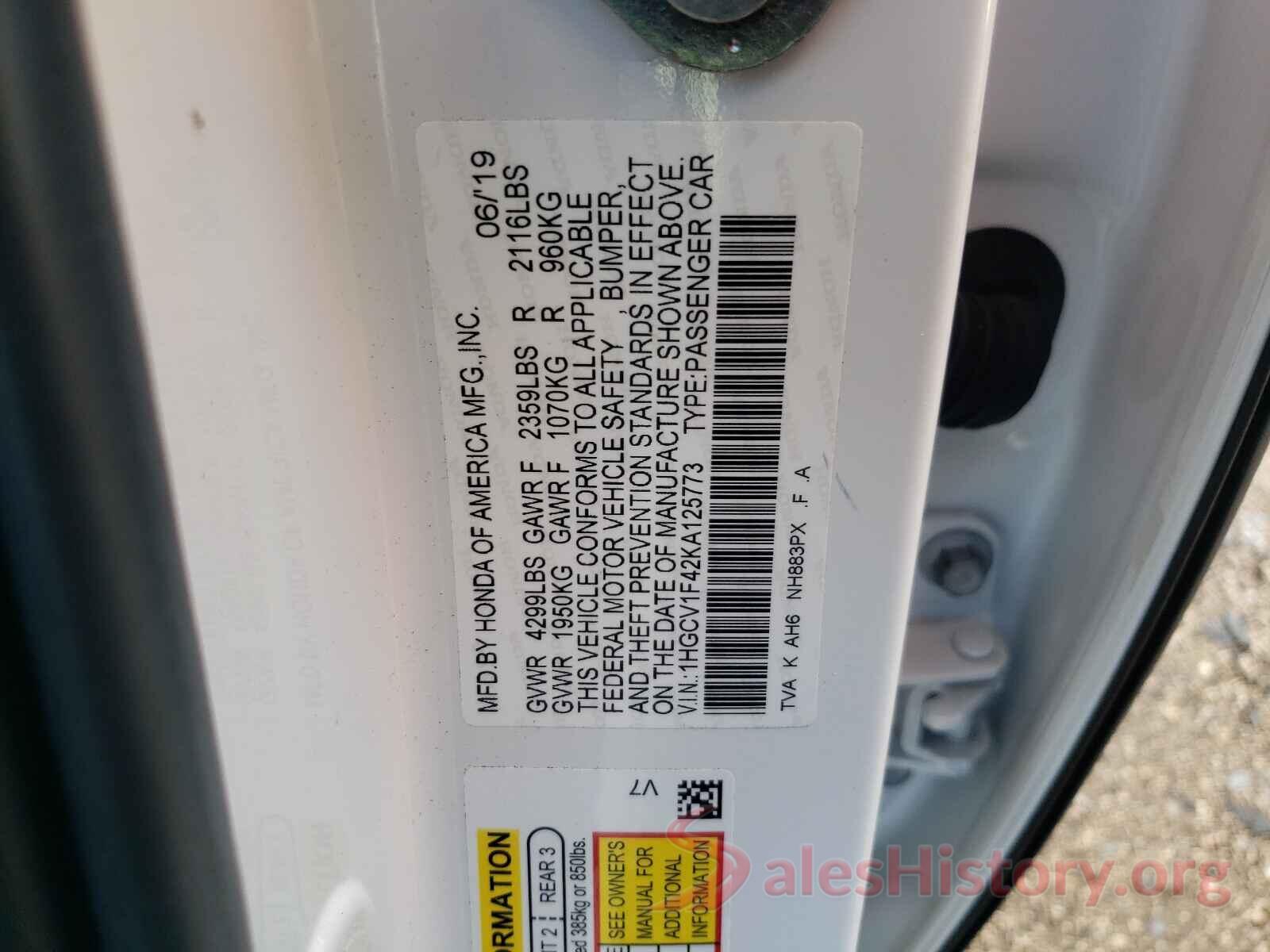 1HGCV1F42KA125773 2019 HONDA ACCORD