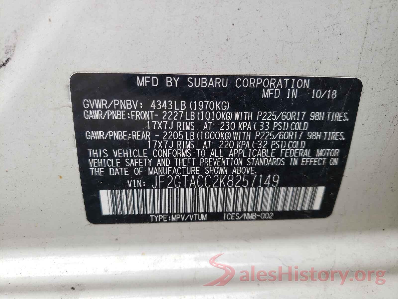 JF2GTACC2K8257149 2019 SUBARU CROSSTREK