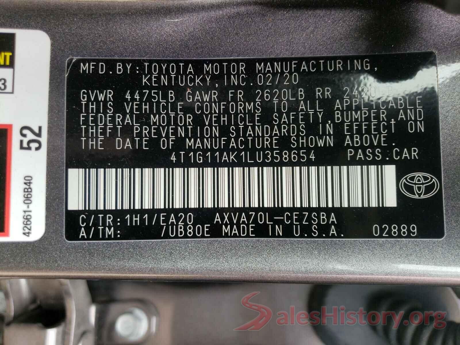 4T1G11AK1LU358654 2020 TOYOTA CAMRY