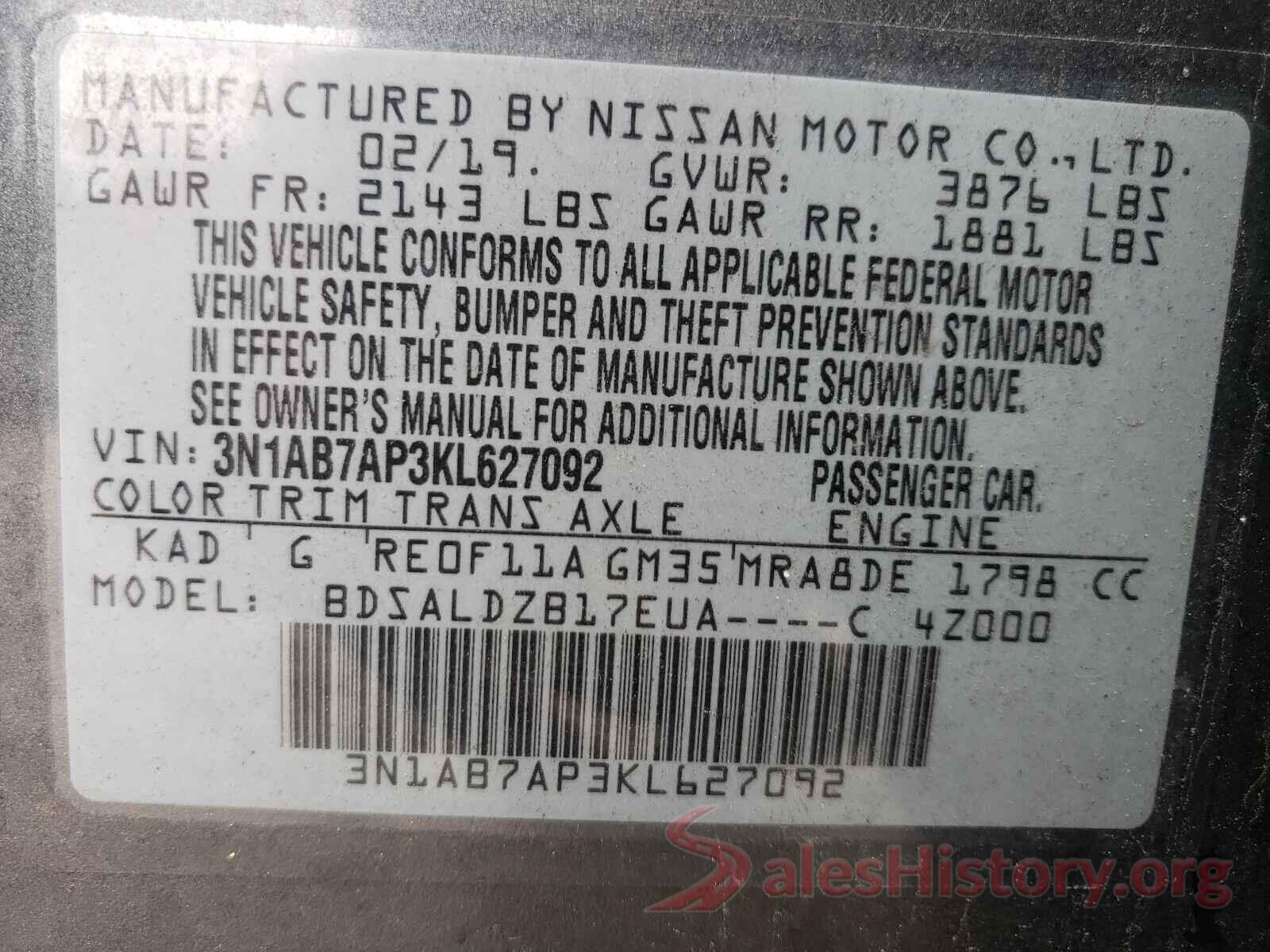 3N1AB7AP3KL627092 2019 NISSAN SENTRA