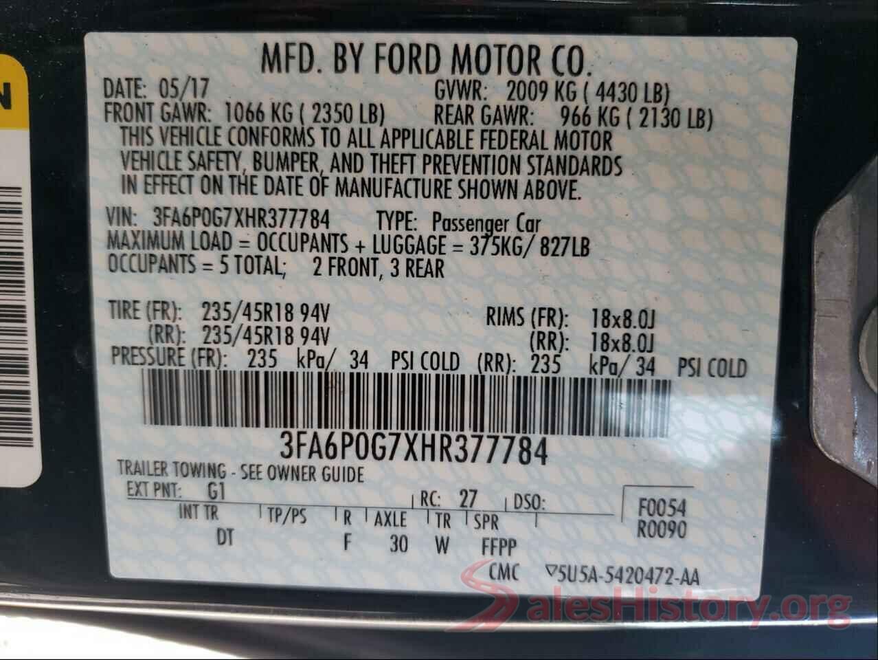 3FA6P0G7XHR377784 2017 FORD FUSION