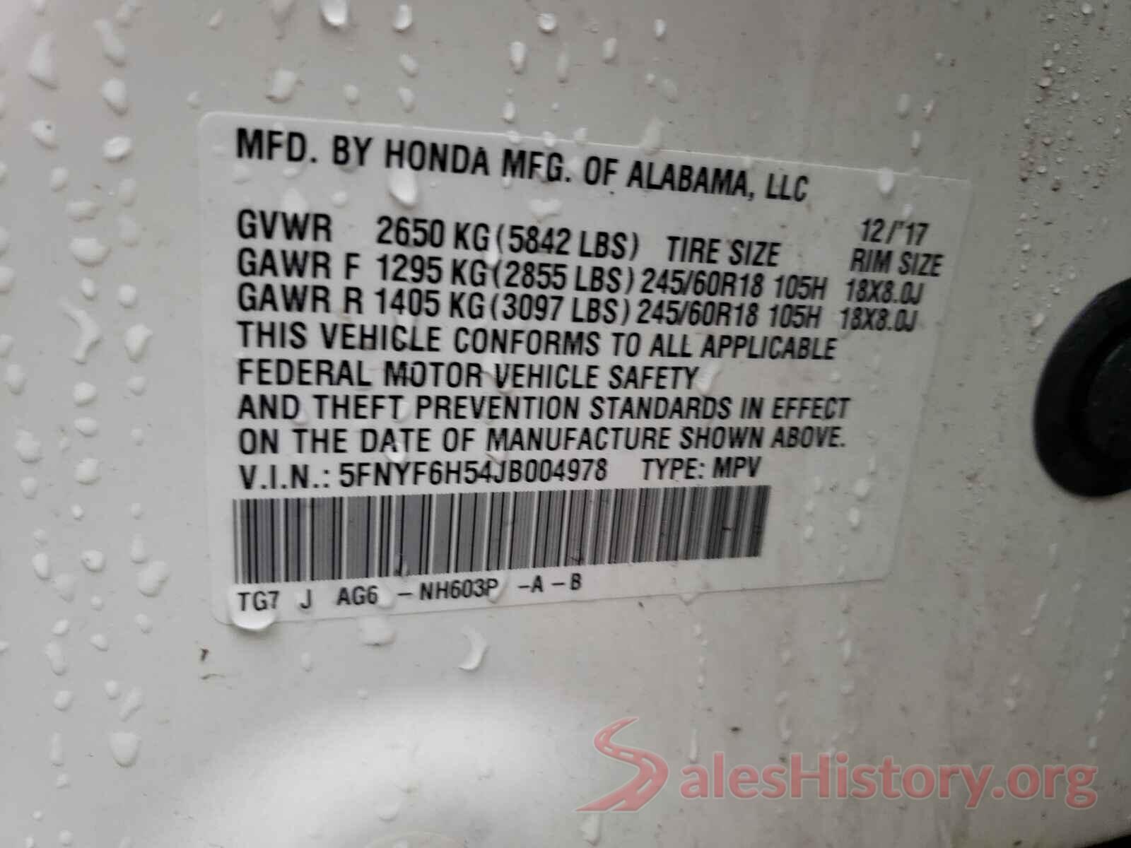 5FNYF6H54JB004978 2018 HONDA PILOT