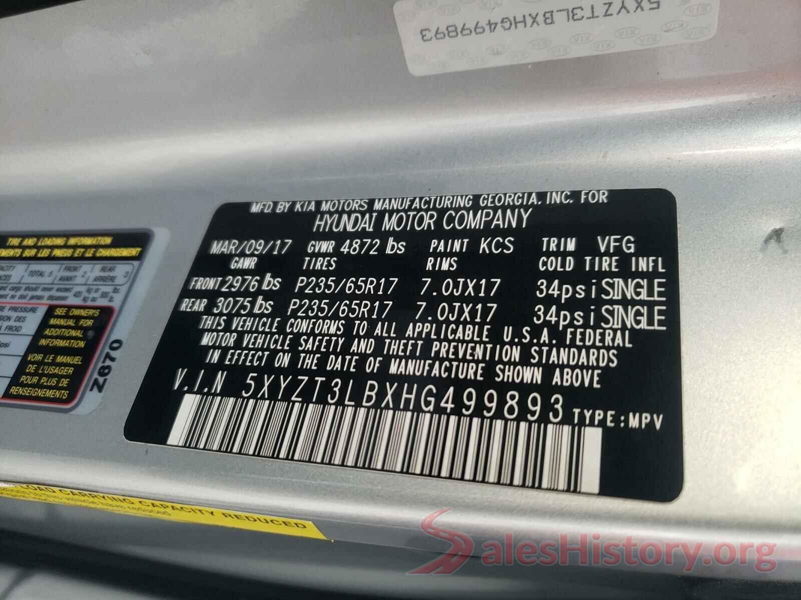 5XYZT3LBXHG499893 2017 HYUNDAI SANTA FE