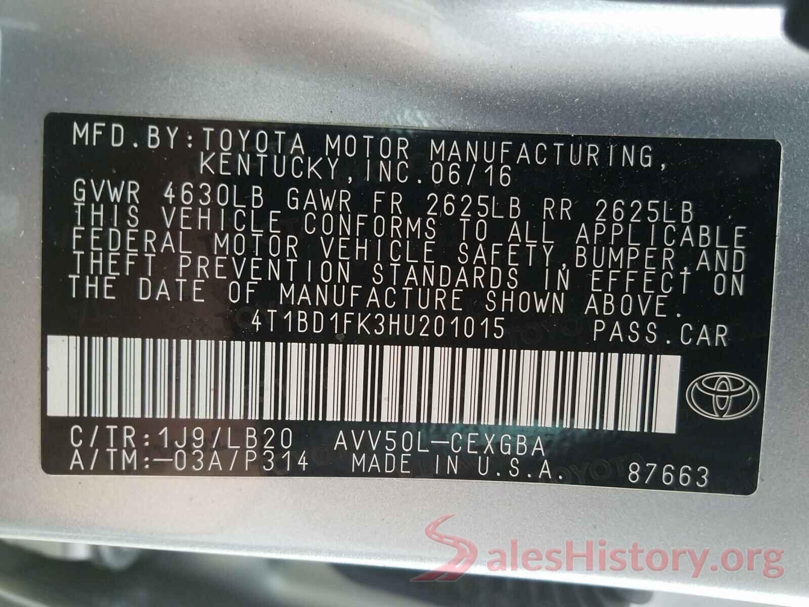 4T1BD1FK3HU201015 2017 TOYOTA CAMRY