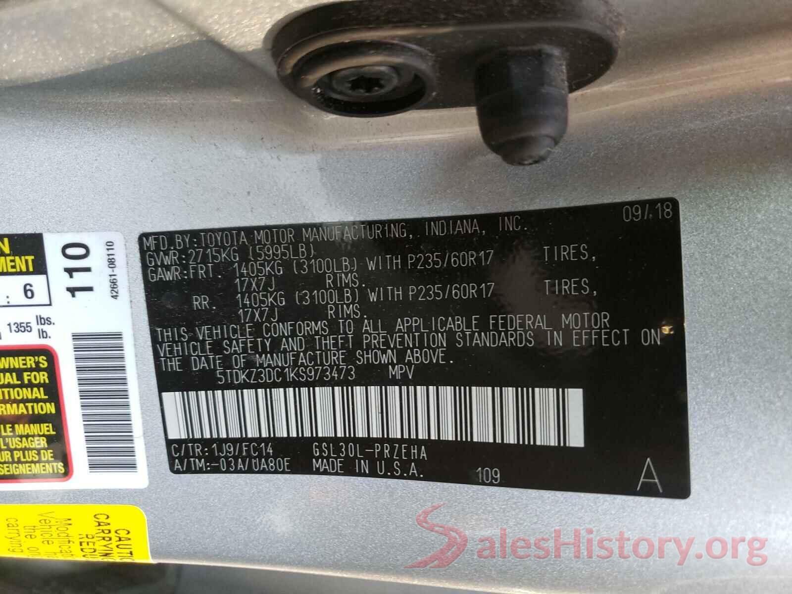 5TDKZ3DC1KS973473 2019 TOYOTA SIENNA