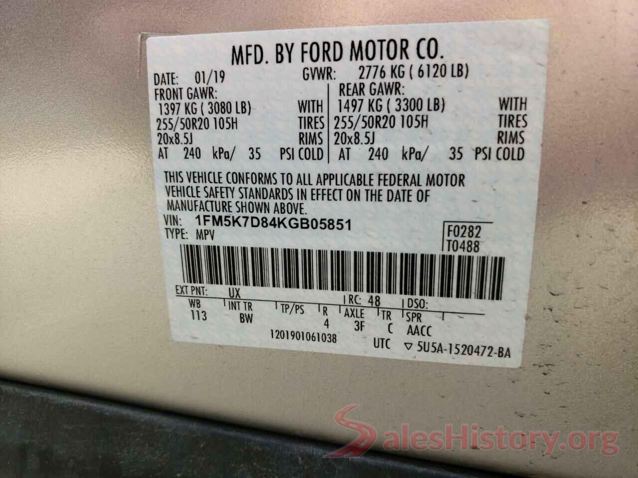 1FM5K7D84KGB05851 2019 FORD EXPLORER