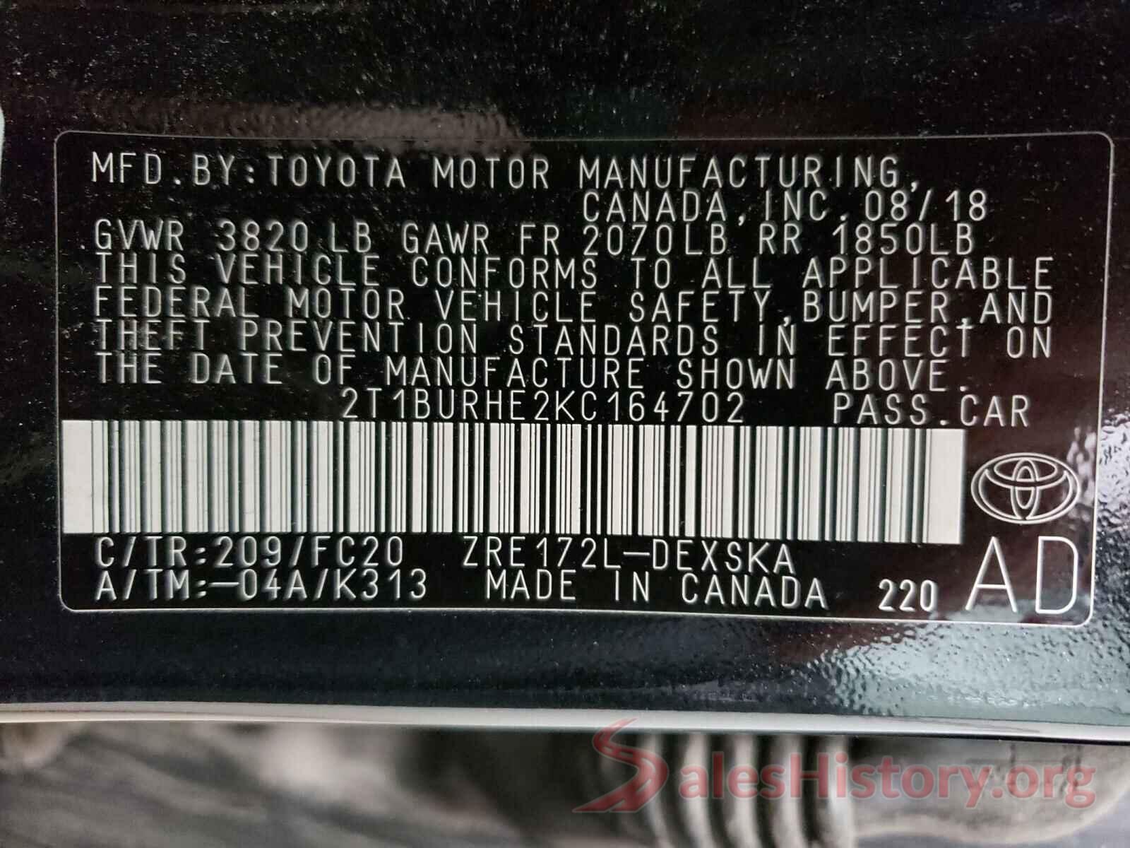 2T1BURHE2KC164702 2019 TOYOTA COROLLA