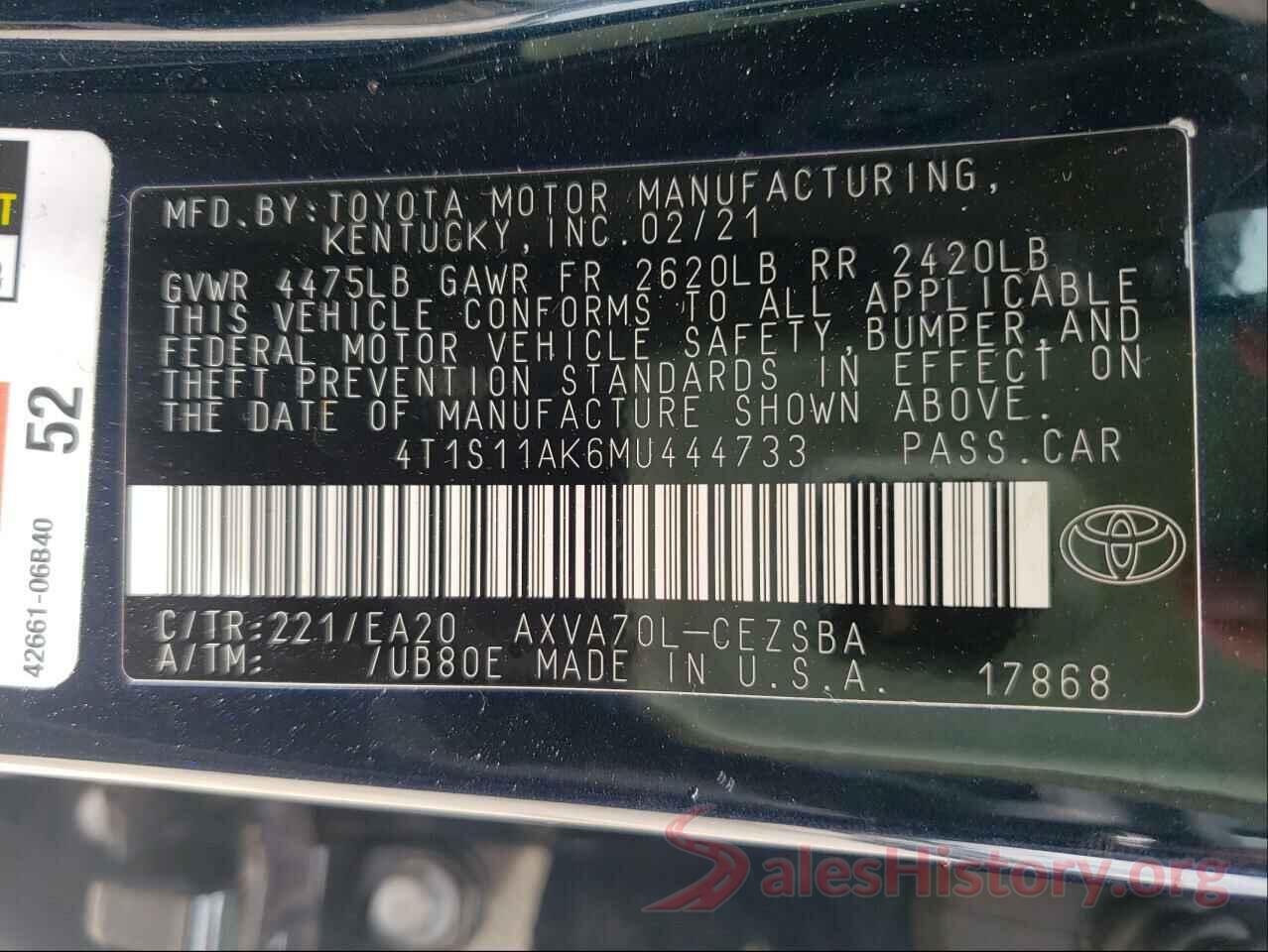 4T1S11AK6MU444733 2021 TOYOTA CAMRY