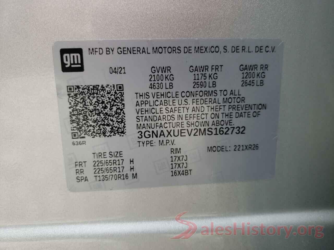 3GNAXUEV2MS162732 2021 CHEVROLET EQUINOX