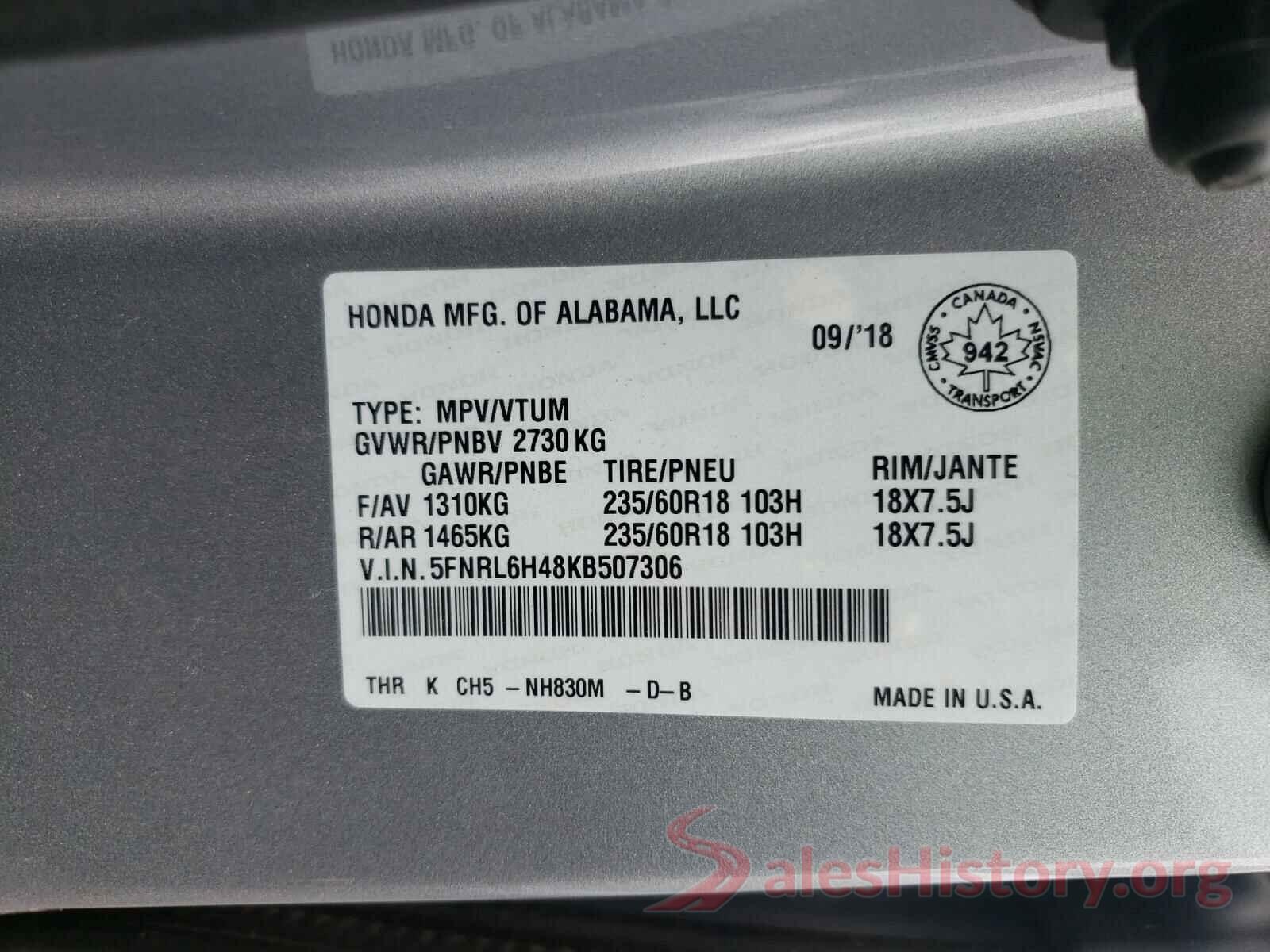 5FNRL6H48KB507306 2019 HONDA ODYSSEY