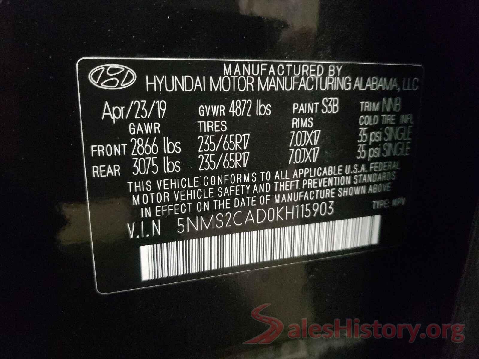 5NMS2CAD0KH115903 2019 HYUNDAI SANTA FE