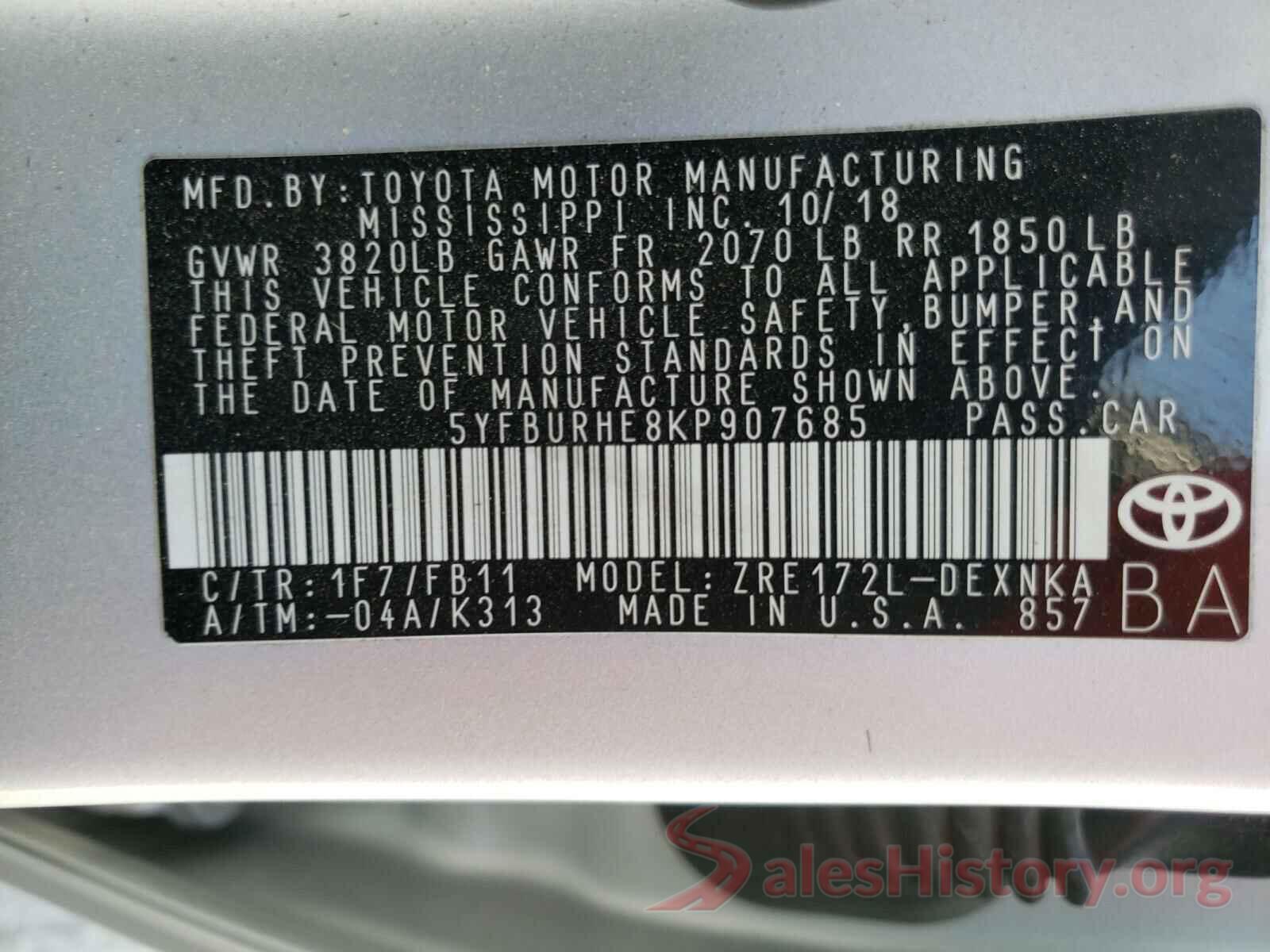 5YFBURHE8KP907685 2019 TOYOTA COROLLA