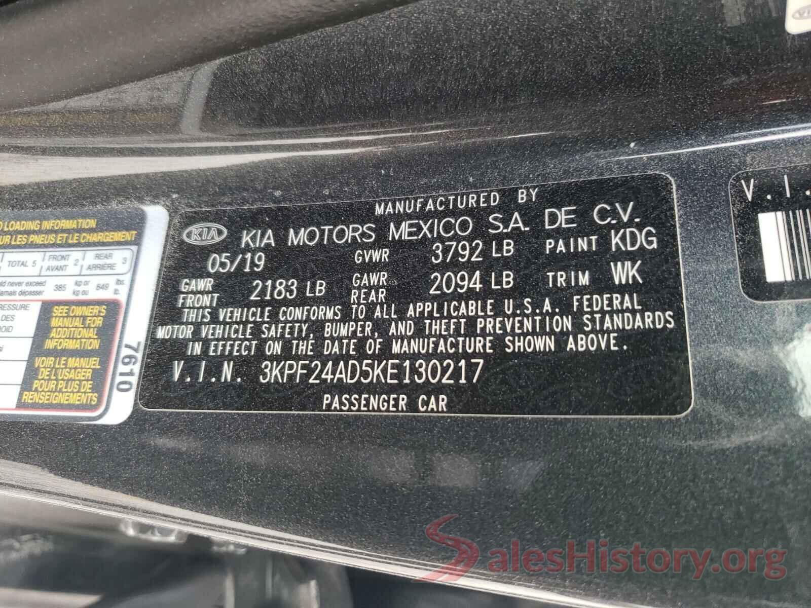 3KPF24AD5KE130217 2019 KIA FORTE