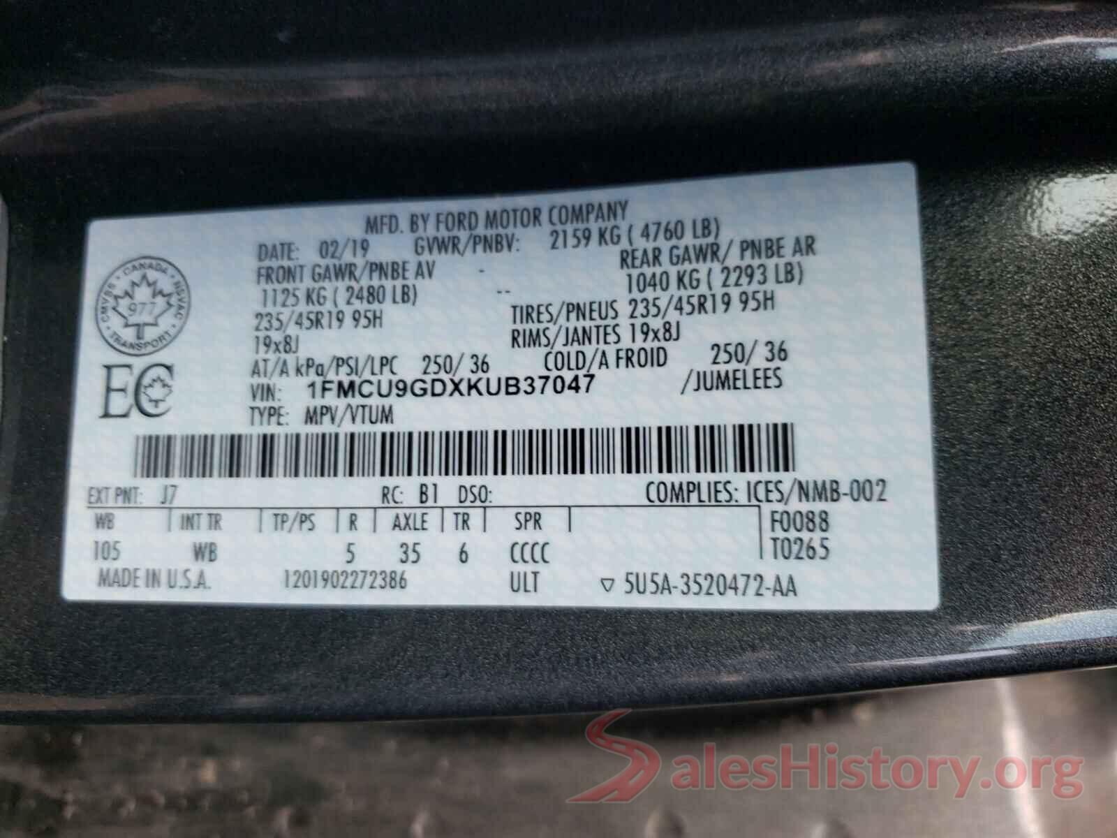 1FMCU9GDXKUB37047 2019 FORD ESCAPE