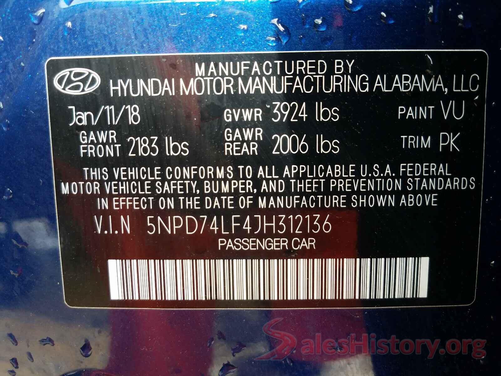 5NPD74LF4JH312136 2018 HYUNDAI ELANTRA