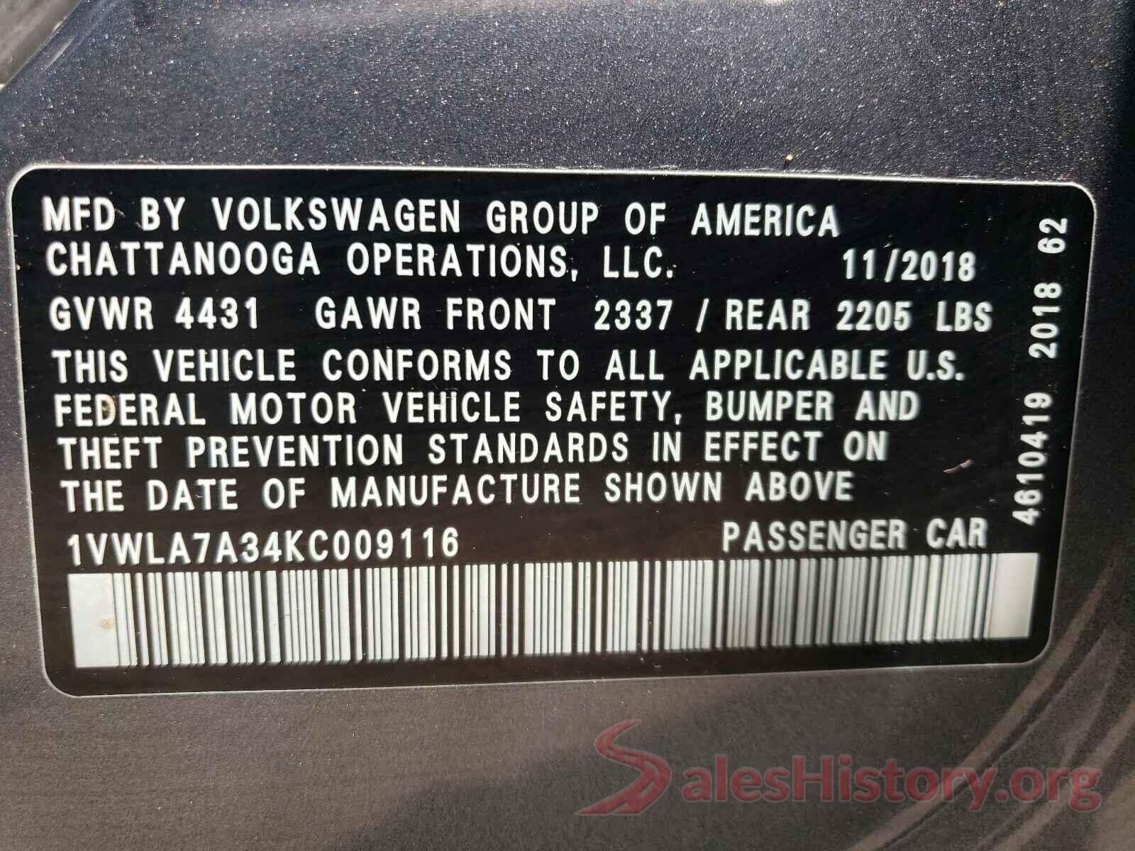 1VWLA7A34KC009116 2019 VOLKSWAGEN PASSAT