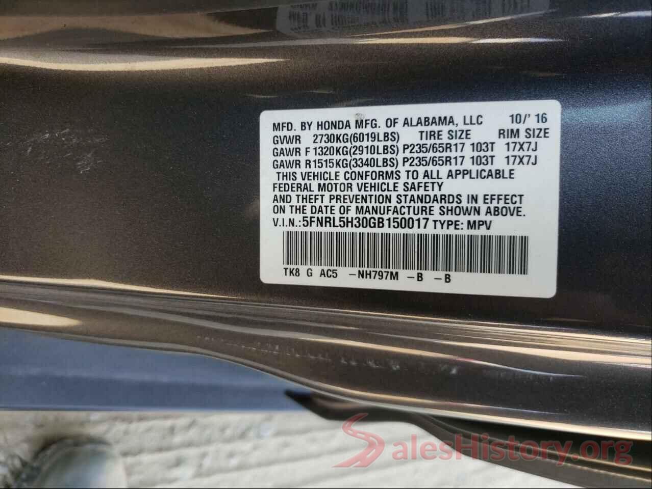 5FNRL5H30GB150017 2016 HONDA ODYSSEY