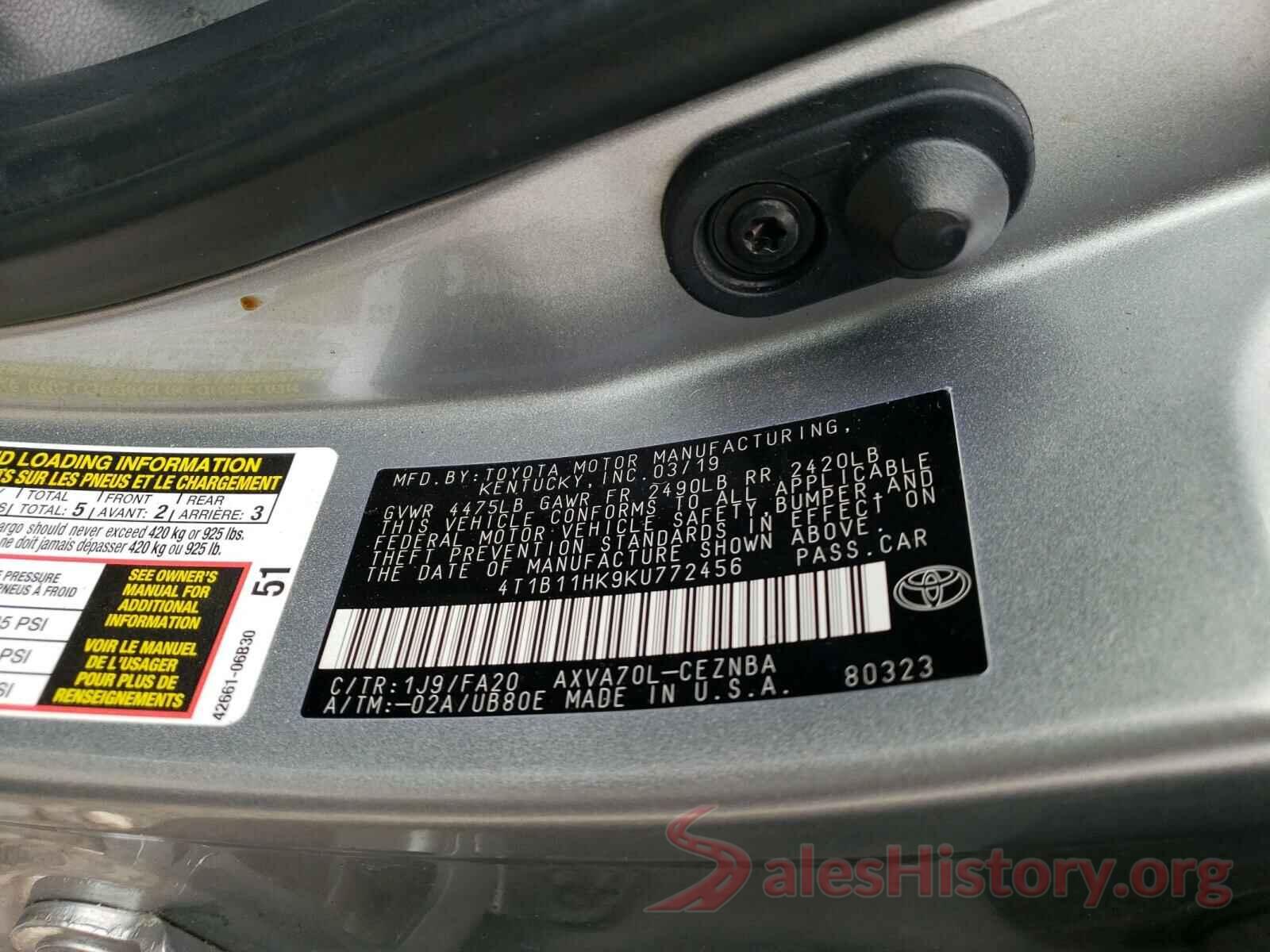 4T1B11HK9KU772456 2019 TOYOTA CAMRY