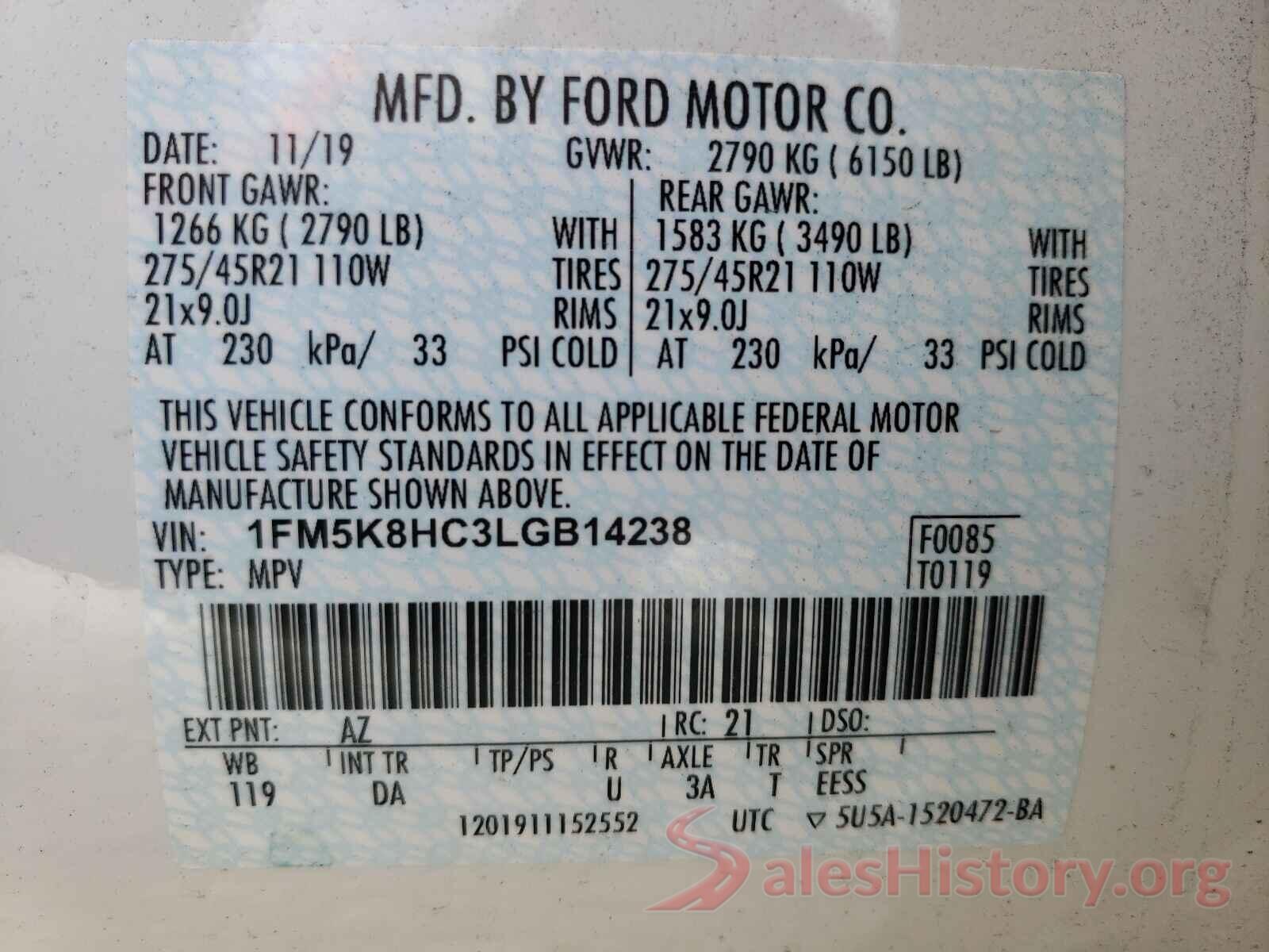 1FM5K8HC3LGB14238 2020 FORD EXPLORER