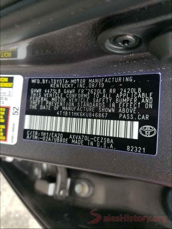 4T1B11HK6KU846867 2019 TOYOTA CAMRY