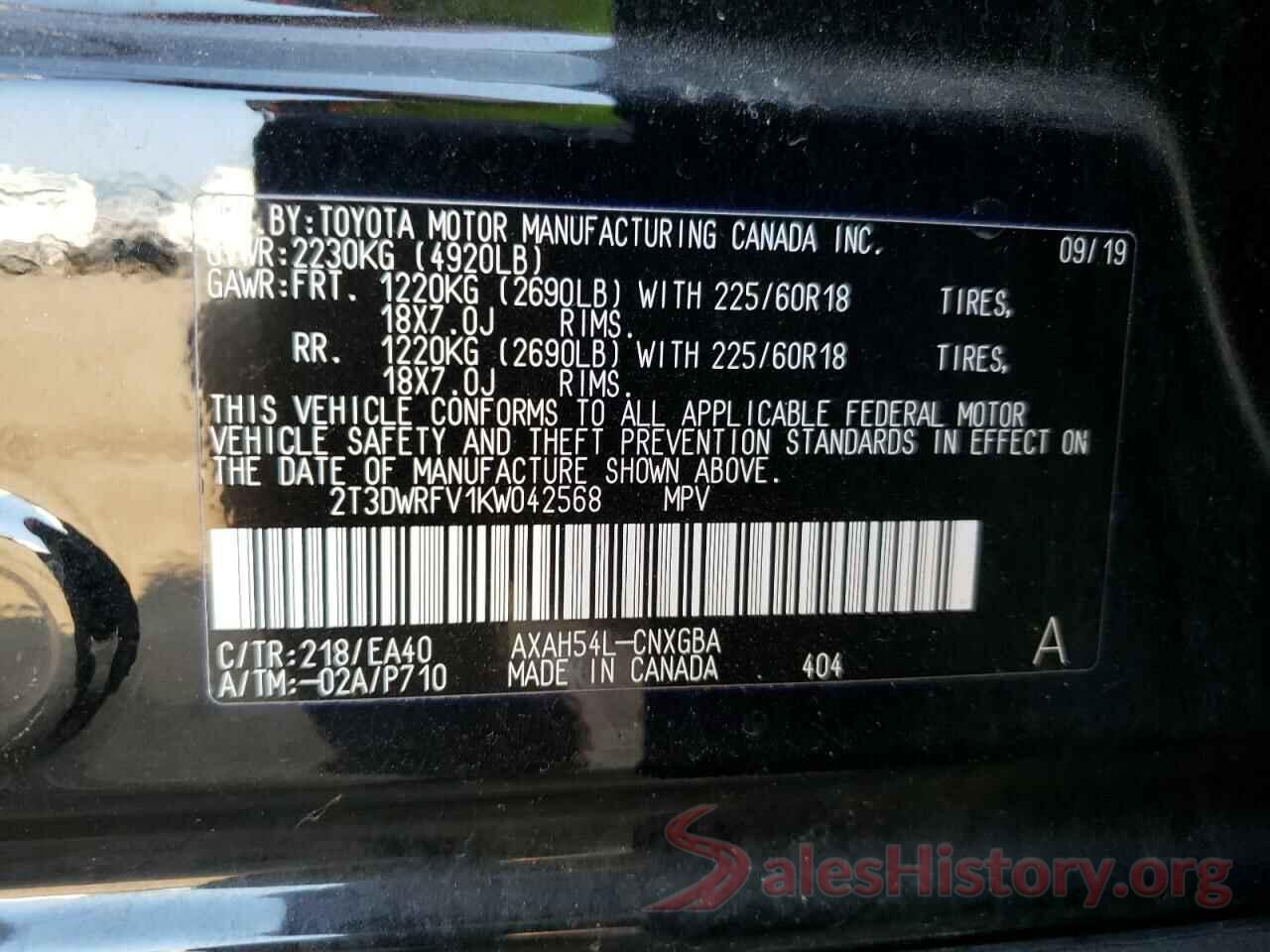 2T3DWRFV1KW042568 2019 TOYOTA RAV4