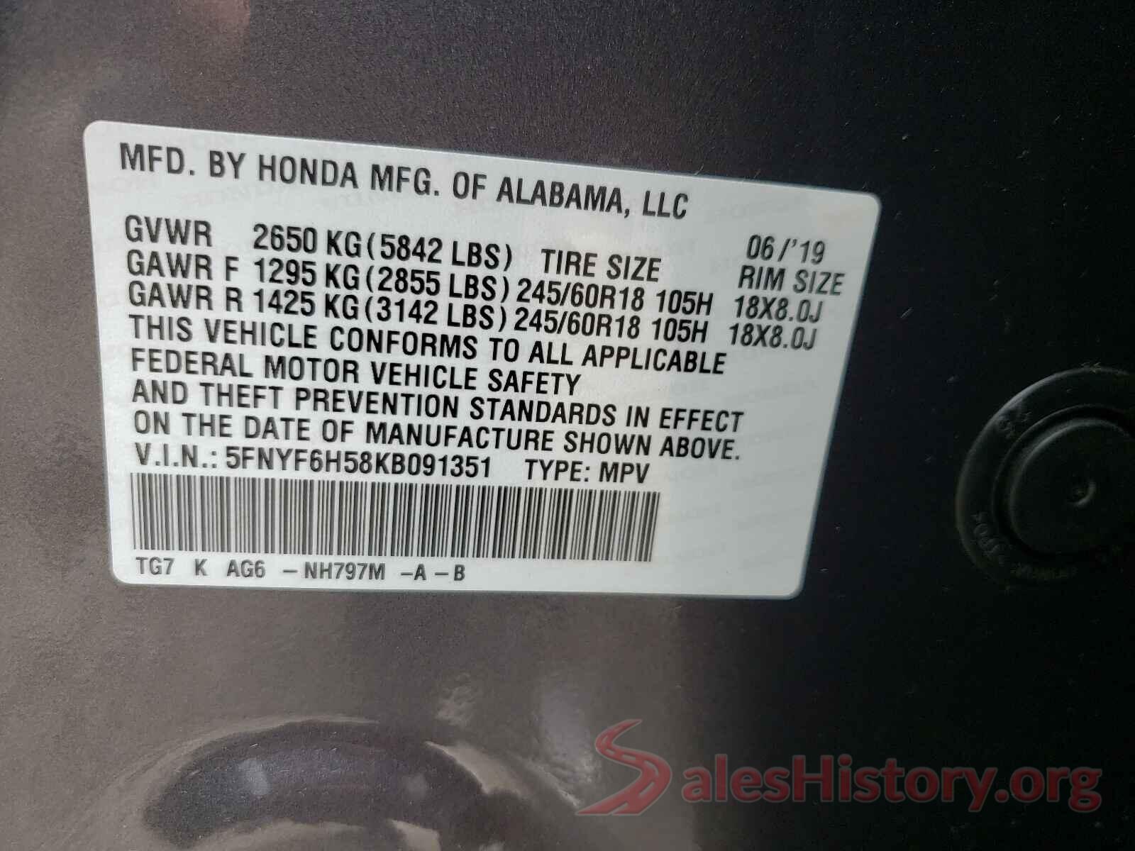 5FNYF6H58KB091351 2019 HONDA PILOT