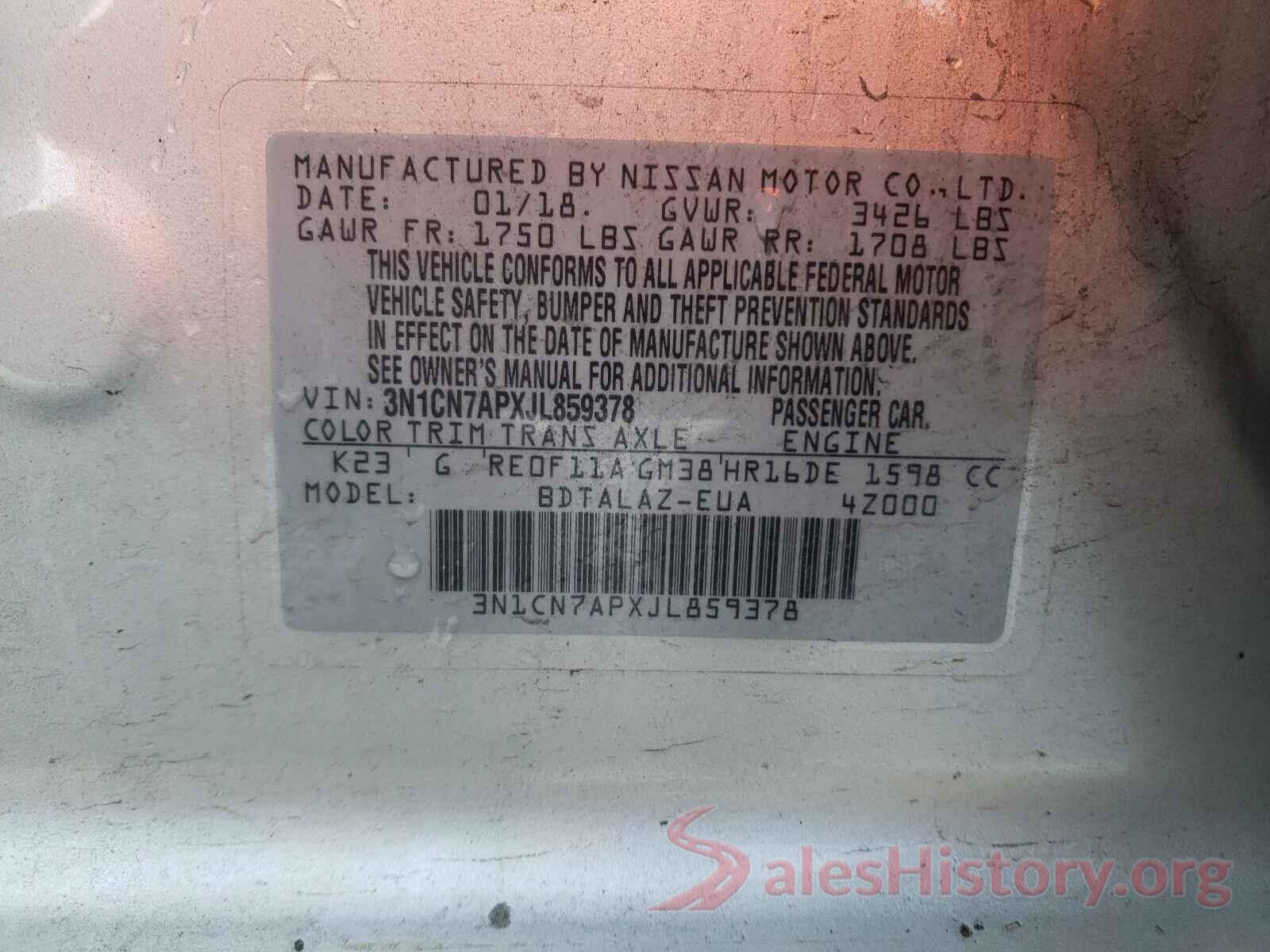 3N1CN7APXJL859378 2018 NISSAN VERSA