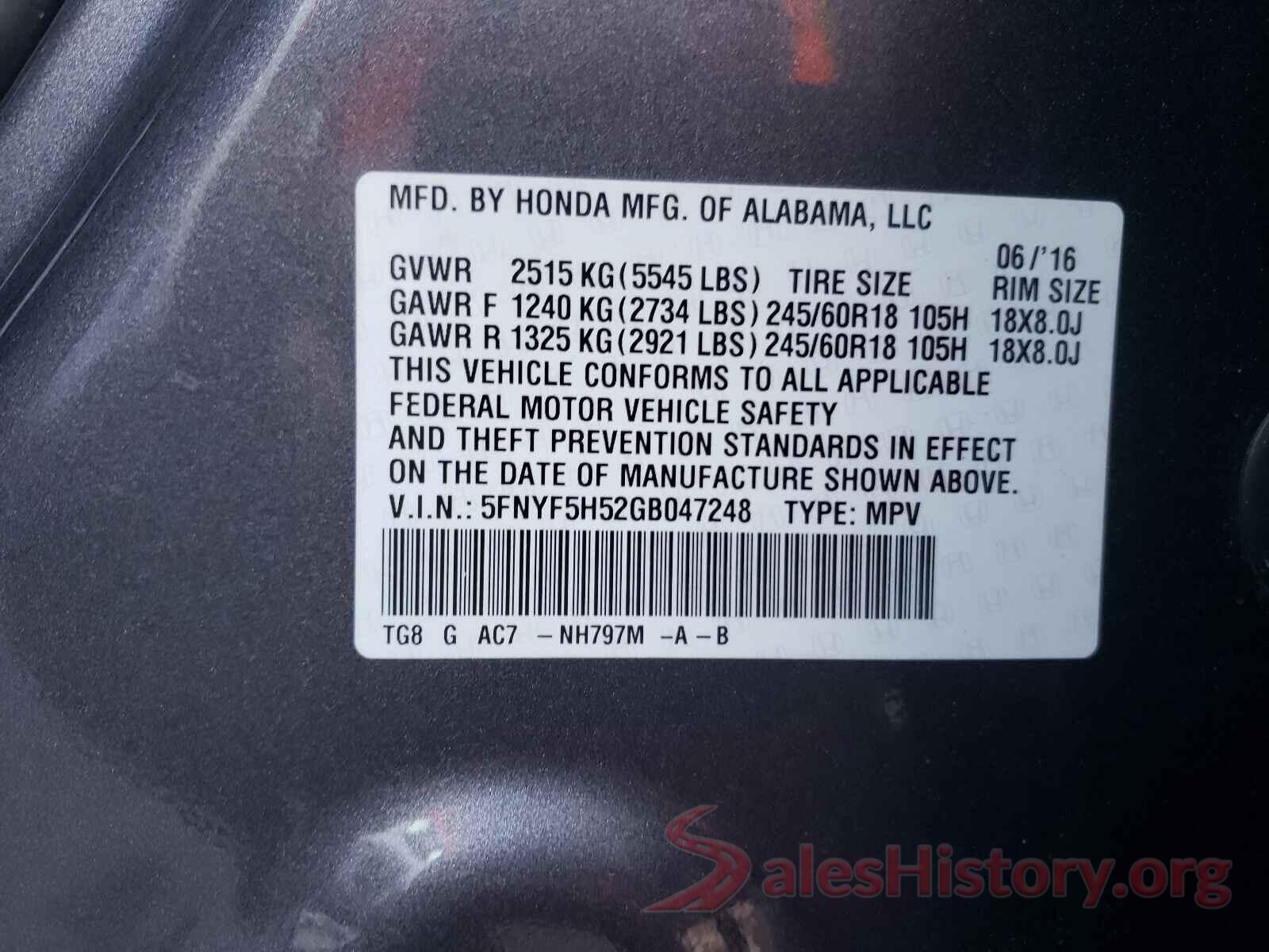 5FNYF5H52GB047248 2016 HONDA PILOT