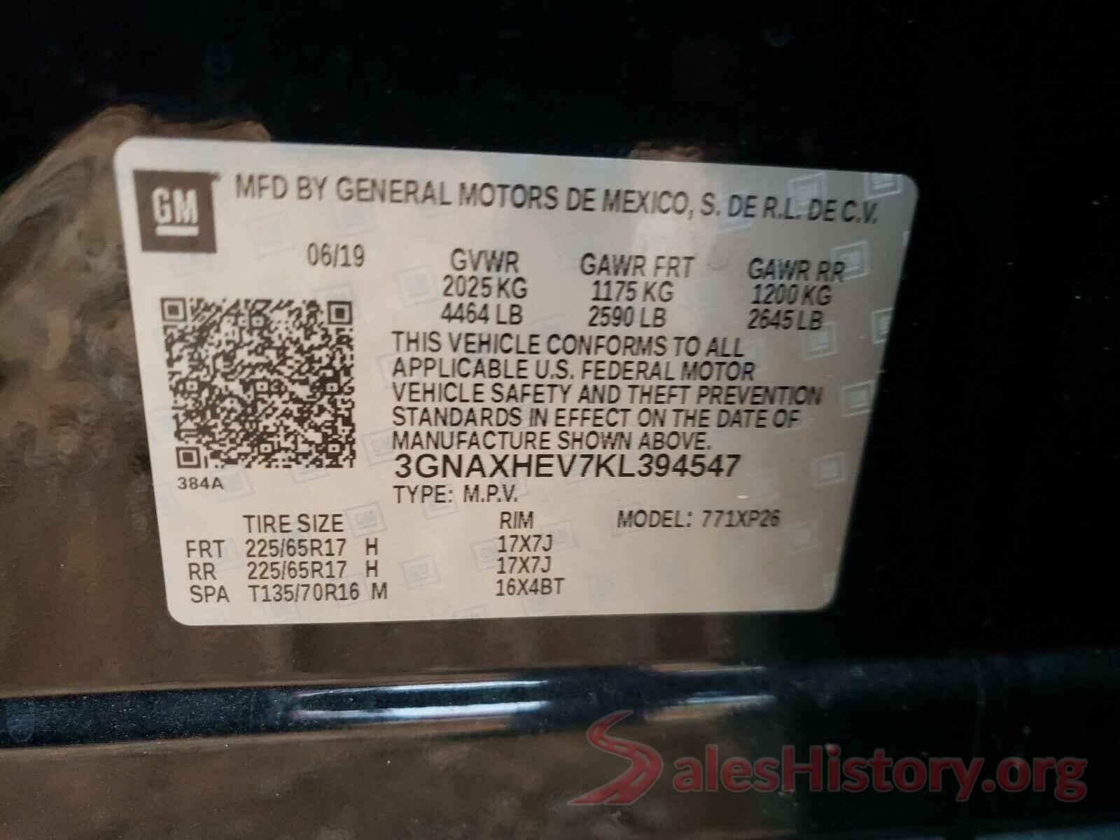 3GNAXHEV7KL394547 2019 CHEVROLET EQUINOX