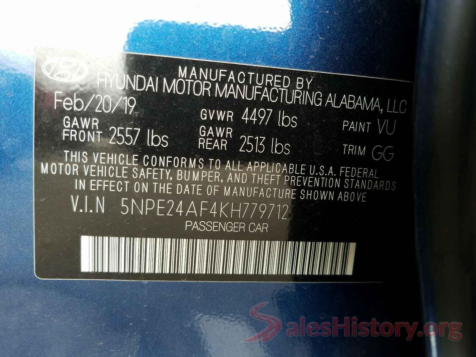 5NPE24AF4KH779712 2019 HYUNDAI SONATA