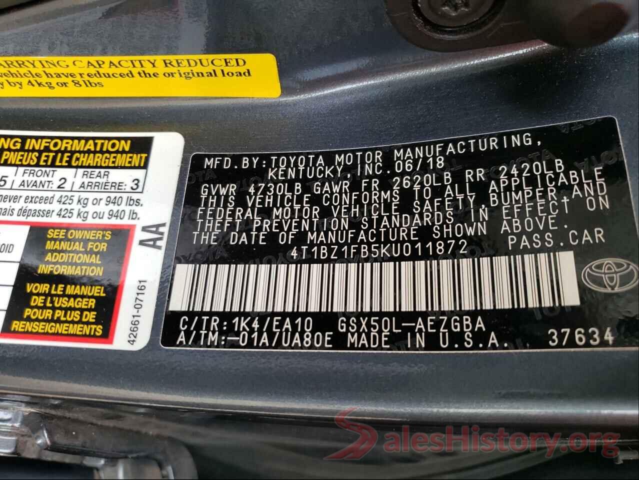 4T1BZ1FB5KU011872 2019 TOYOTA AVALON