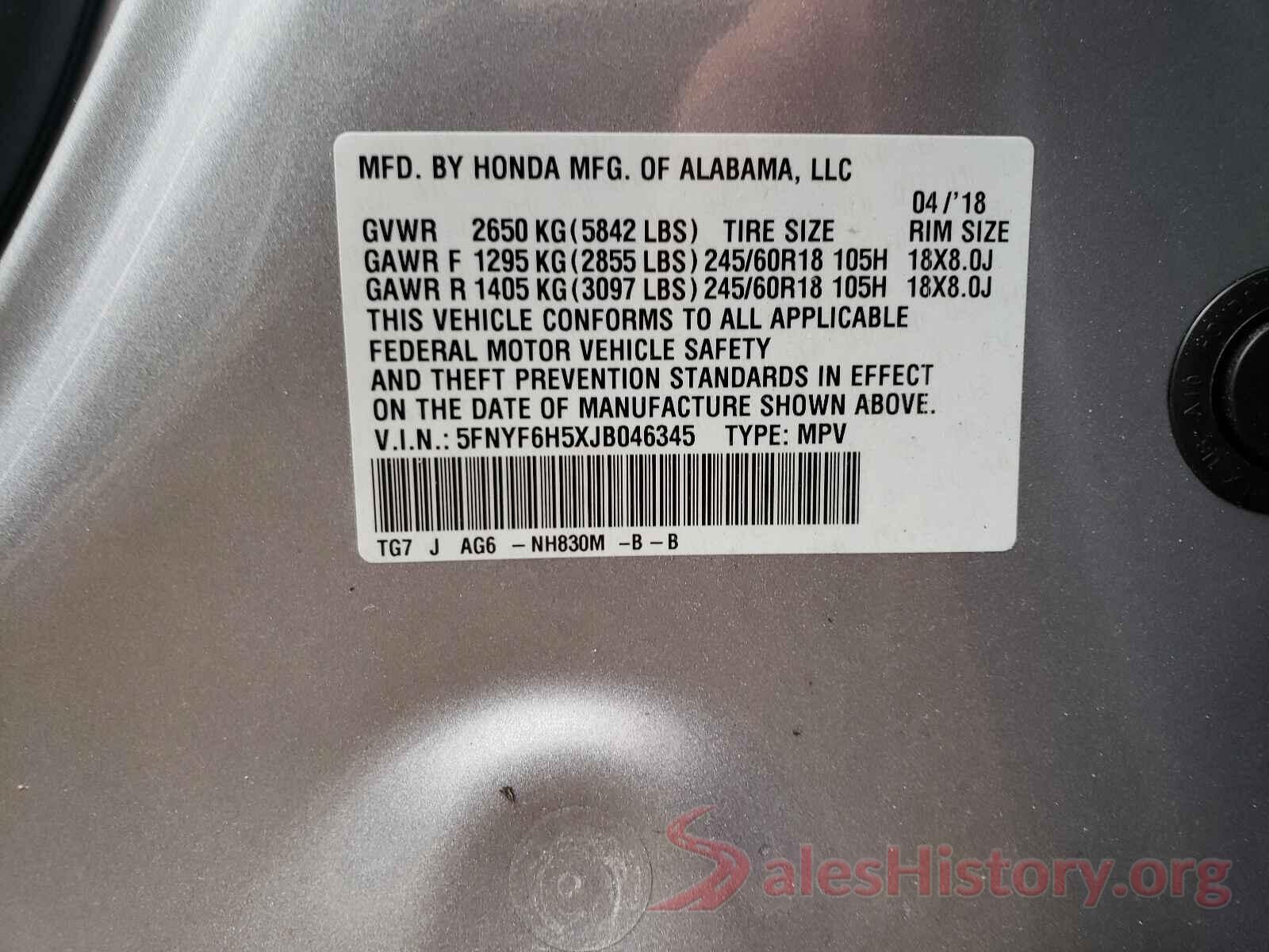 5FNYF6H5XJB046345 2018 HONDA PILOT