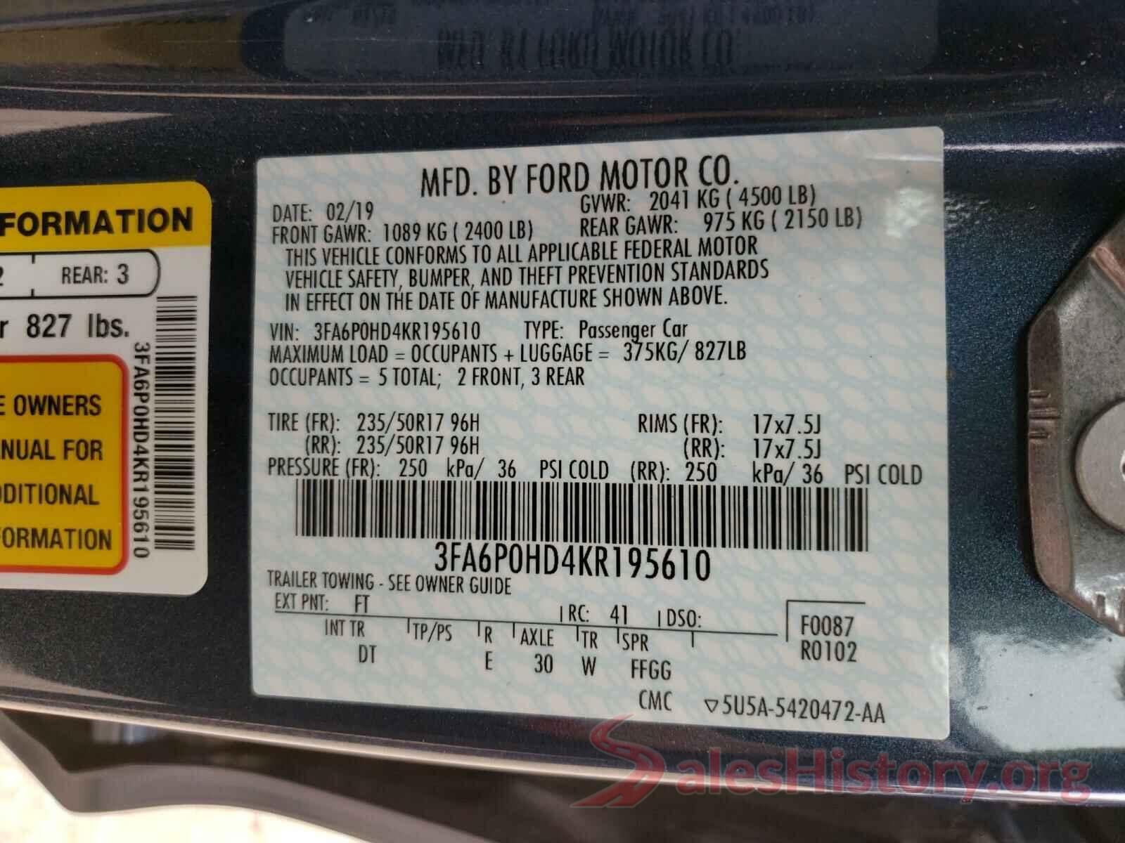 3FA6P0HD4KR195610 2019 FORD FUSION