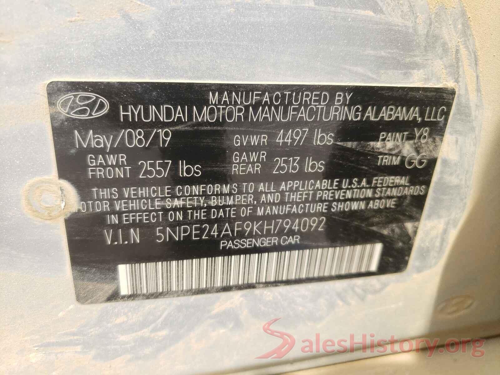 5NPE24AF9KH794092 2019 HYUNDAI SONATA